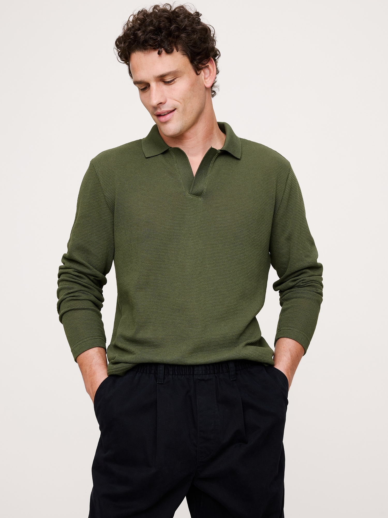 Cotton Mesh Long-Sleeve Polo Shirt