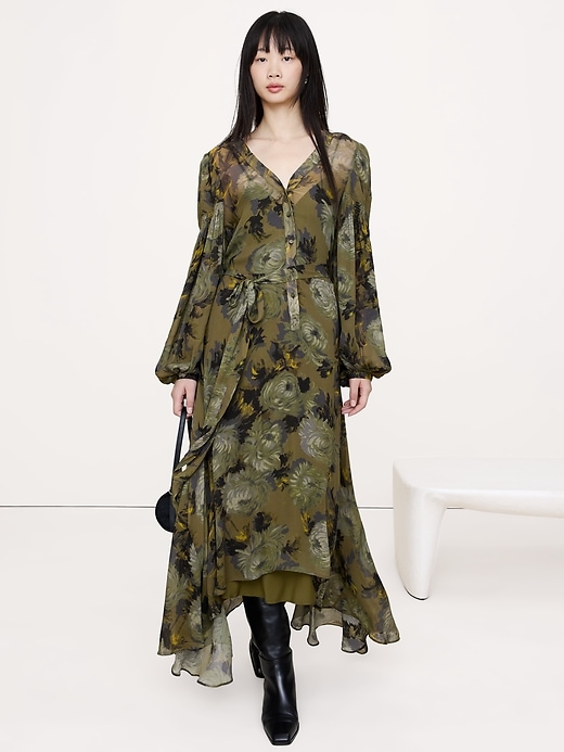 Georgette Puff-Sleeve Maxi Dress