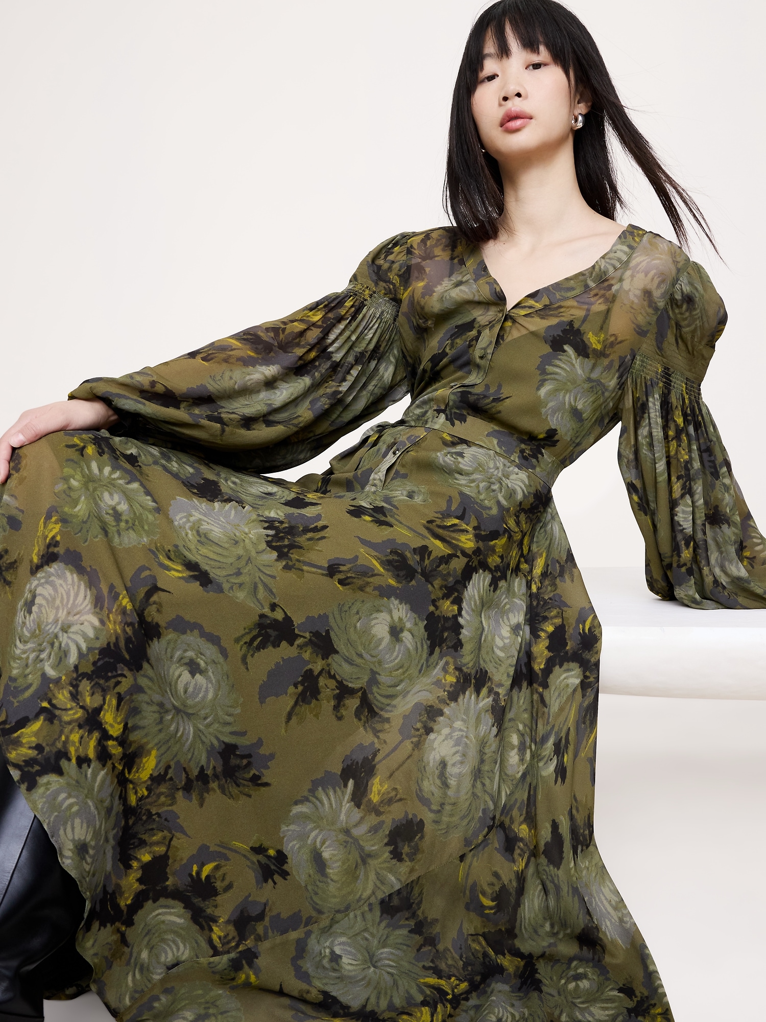 Georgette Puff-Sleeve Maxi Dress - Green Mums