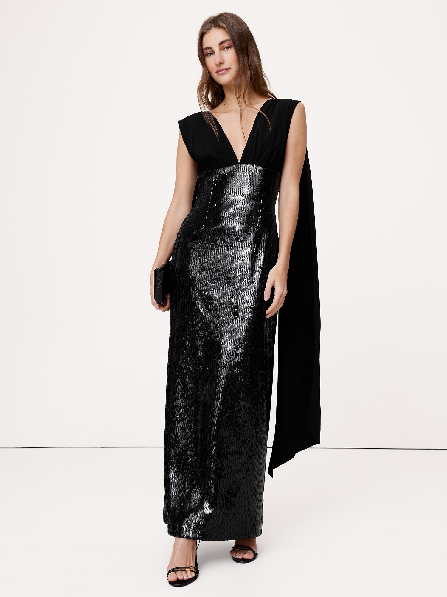 Sequin & Georgette Maxi Dress - Black