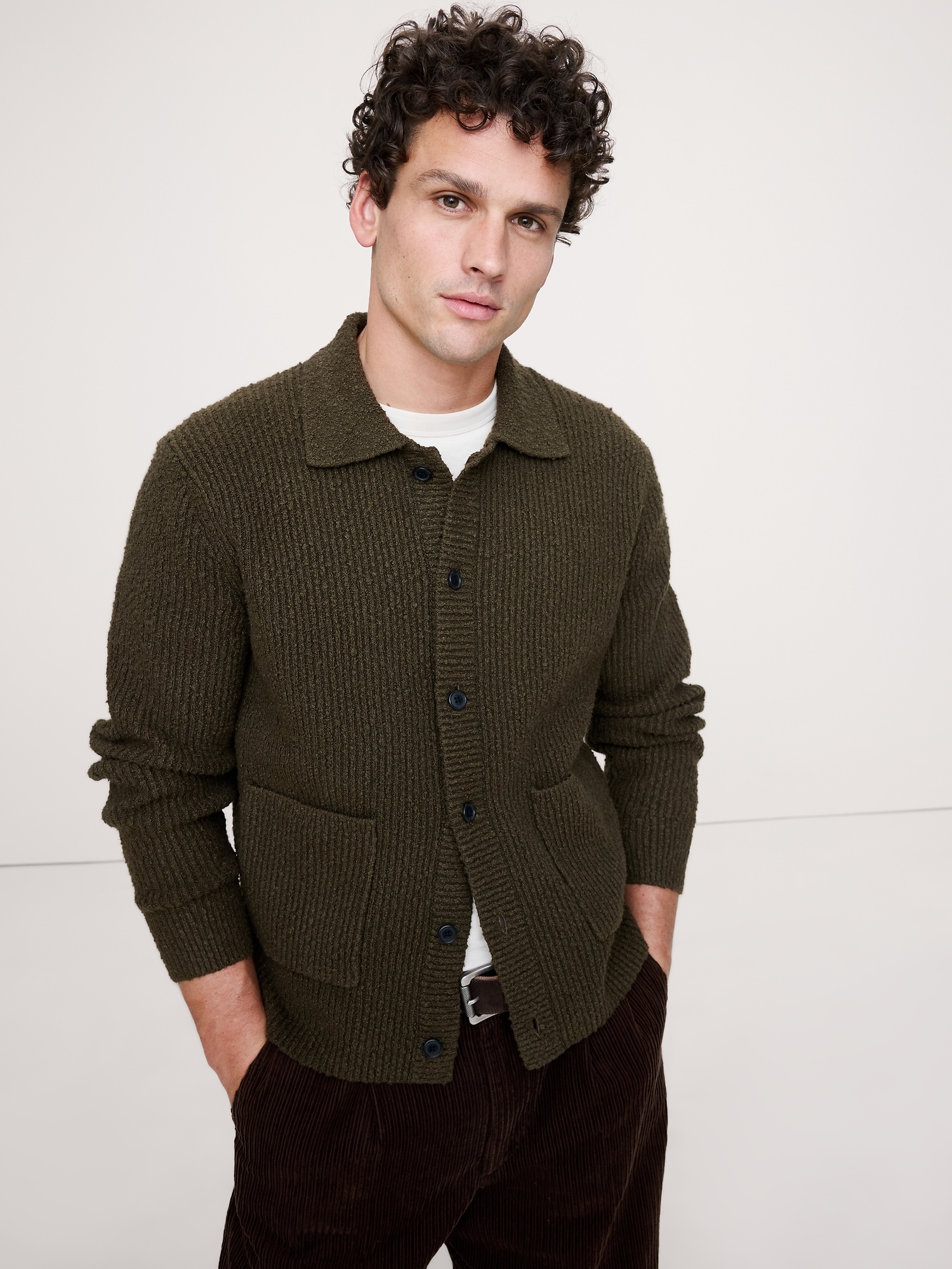 Bouclé Ribbed Polo Cardigan - Mangrove Tree