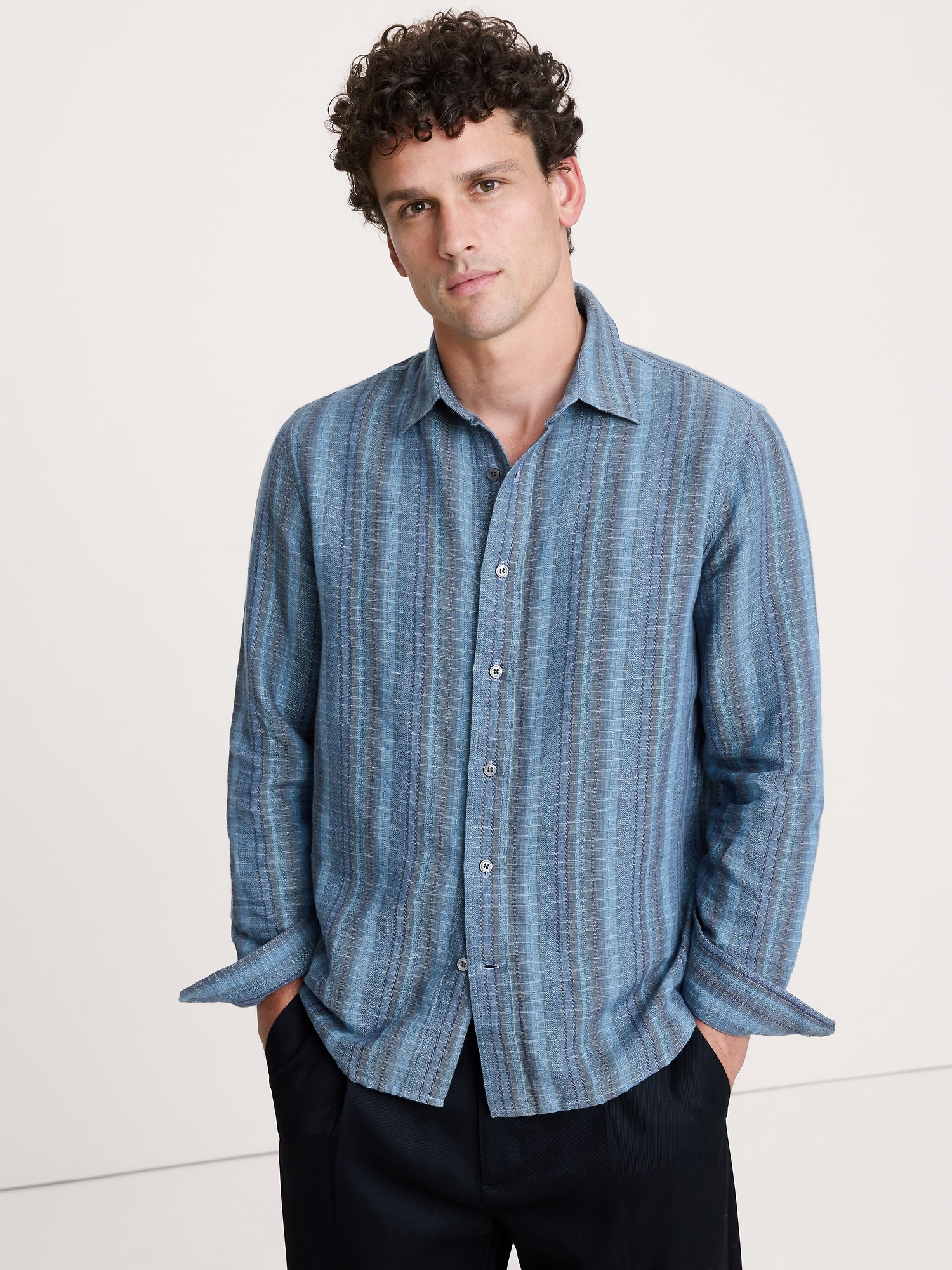 Standard-Fit Linen-Cotton Shirt - Teal