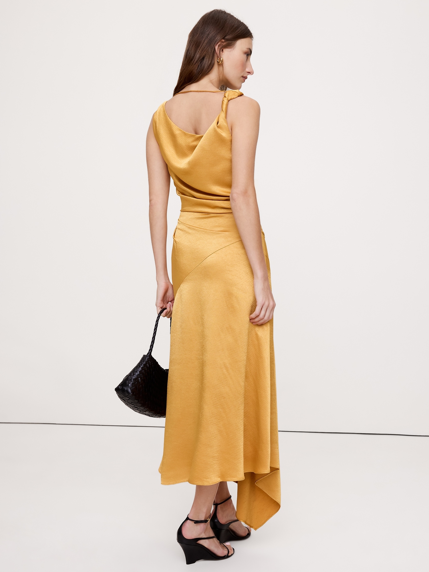Hammered Satin Twist-Shoulder Dress - Cake Batter Yellow