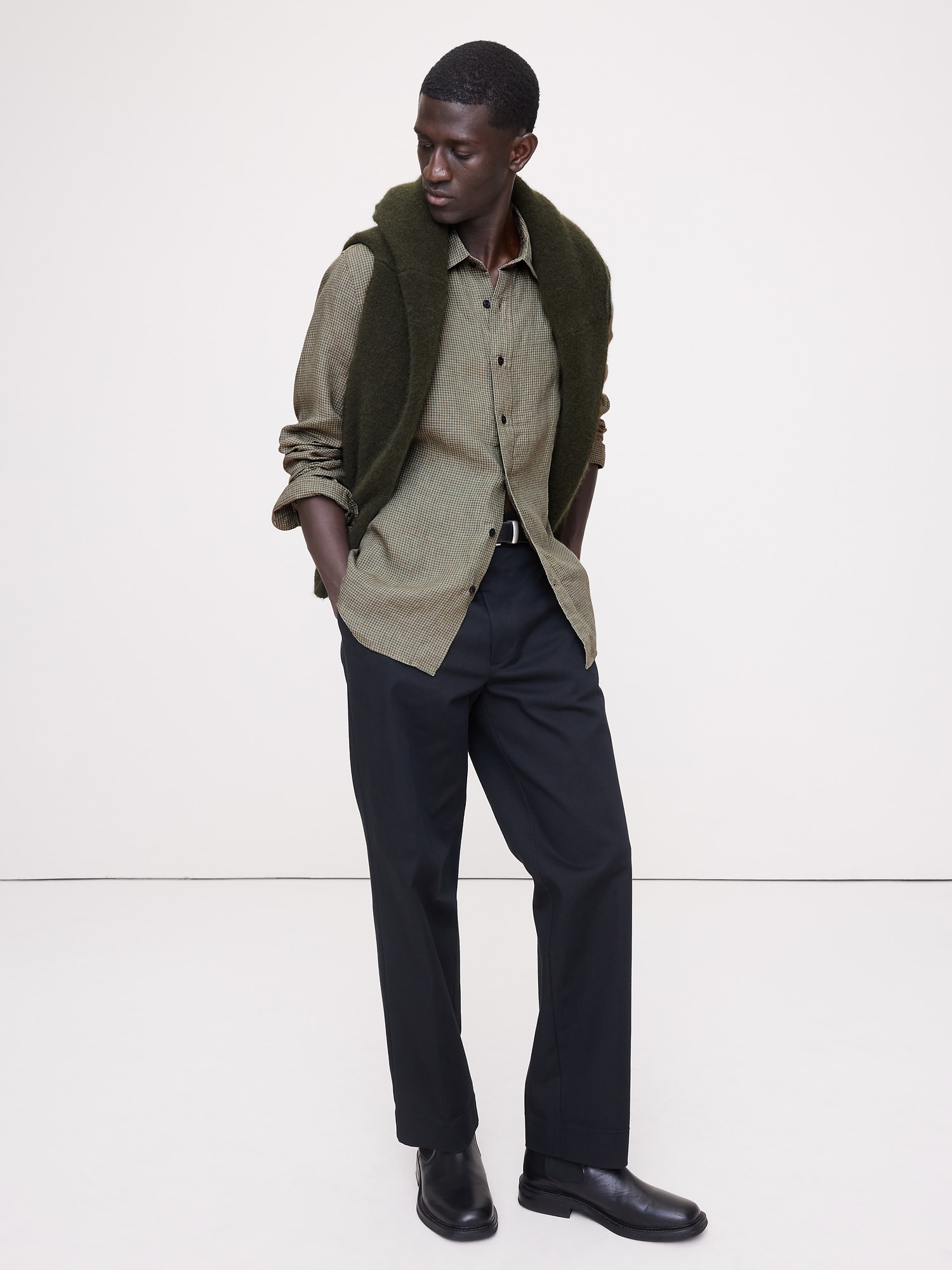 Standard-Fit Linen Shirt - Olive Green Plaid