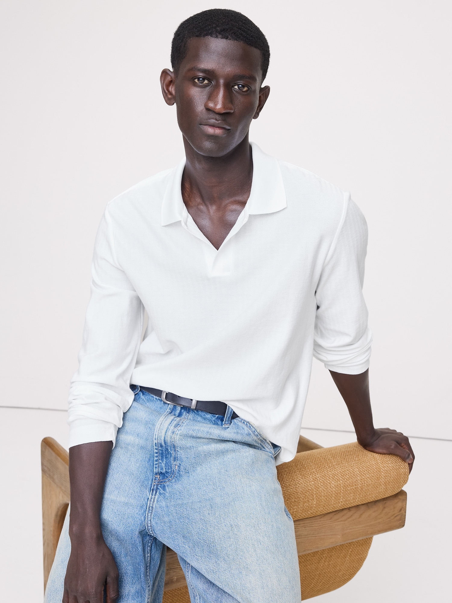 Herringbone Cotton Long-Sleeve Polo