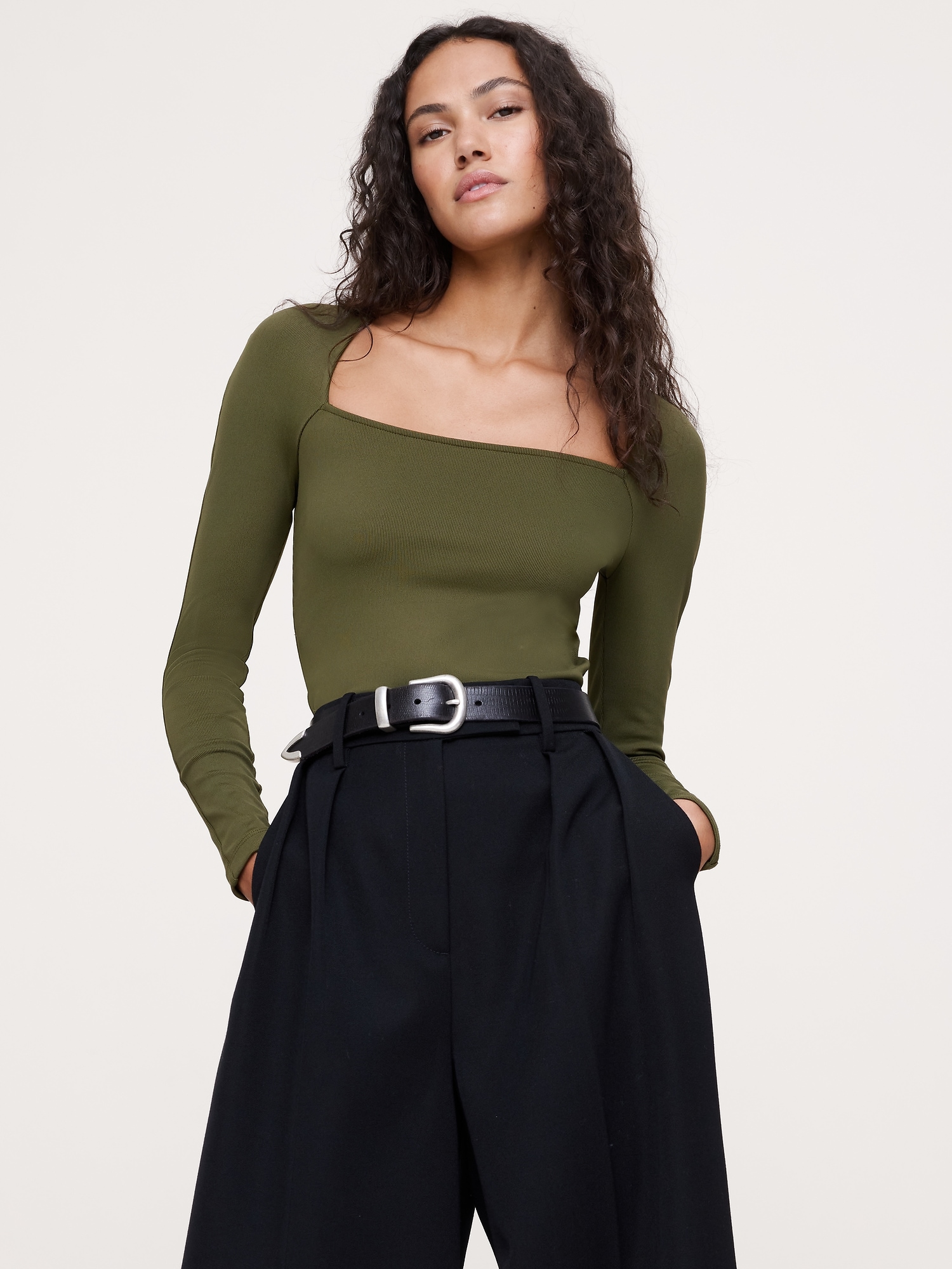 Sculpted-Stretch Square-Neck Top - Mangrove Green