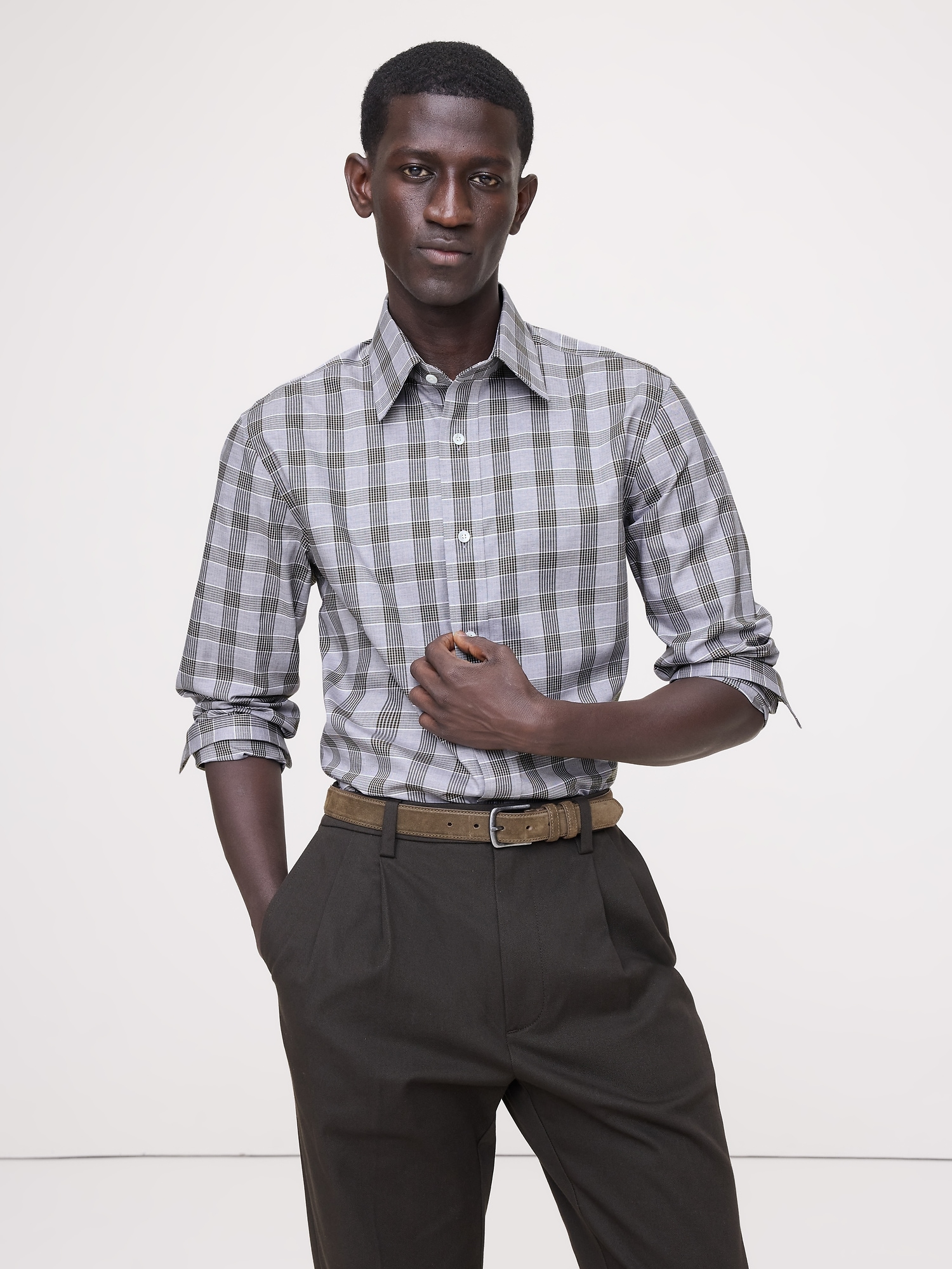 Slim-Fit Wrinkle-Resistant Dress Shirt - Olive Green & Gray