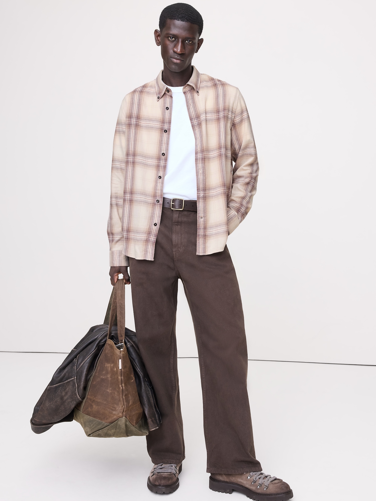 Standard-Fit Lightweight Flannel Shirt - Neutral Plaid