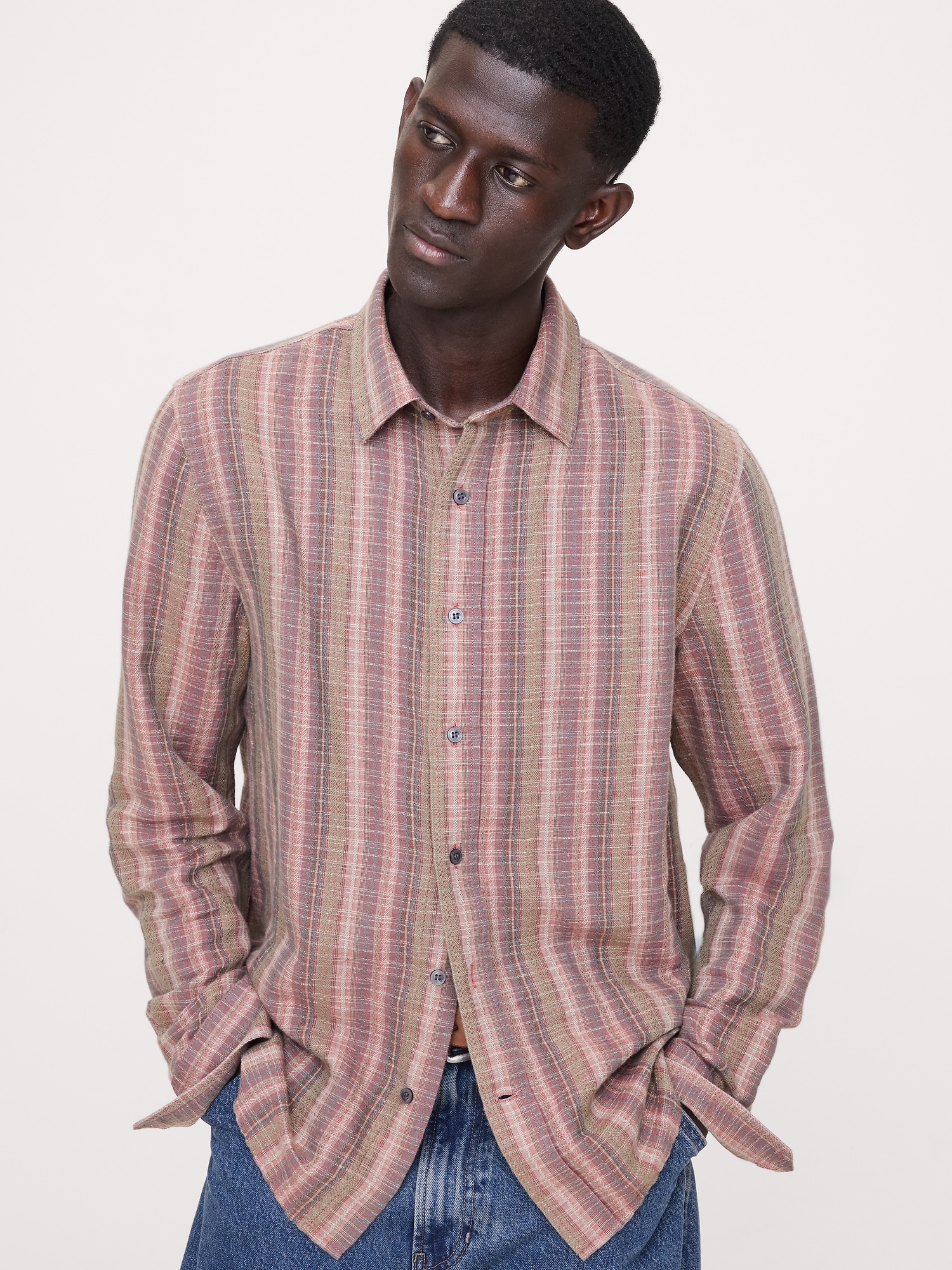 Standard-Fit Linen-Cotton Shirt - Pink Stripe