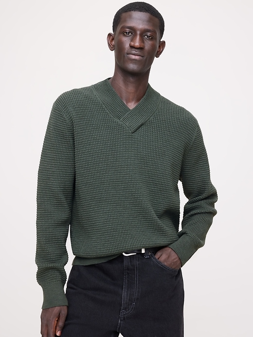 Cotton Thermal-Knit V-Neck Sweater