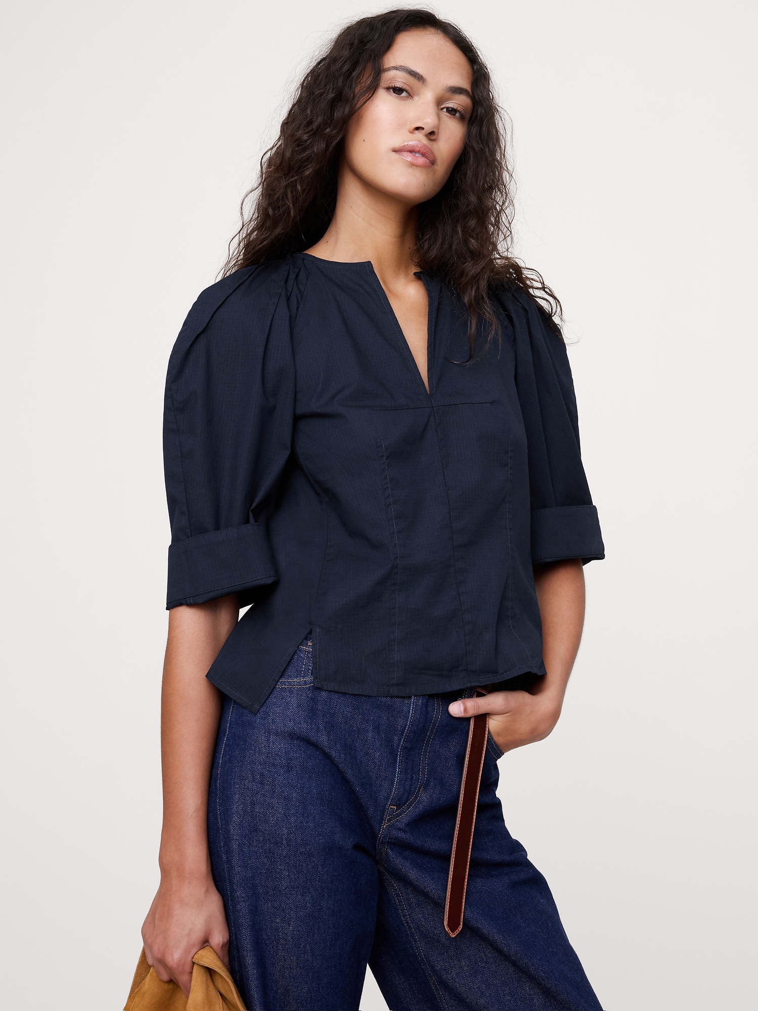 Image number 3 showing, Stretch-Cotton Volume-Sleeve Top