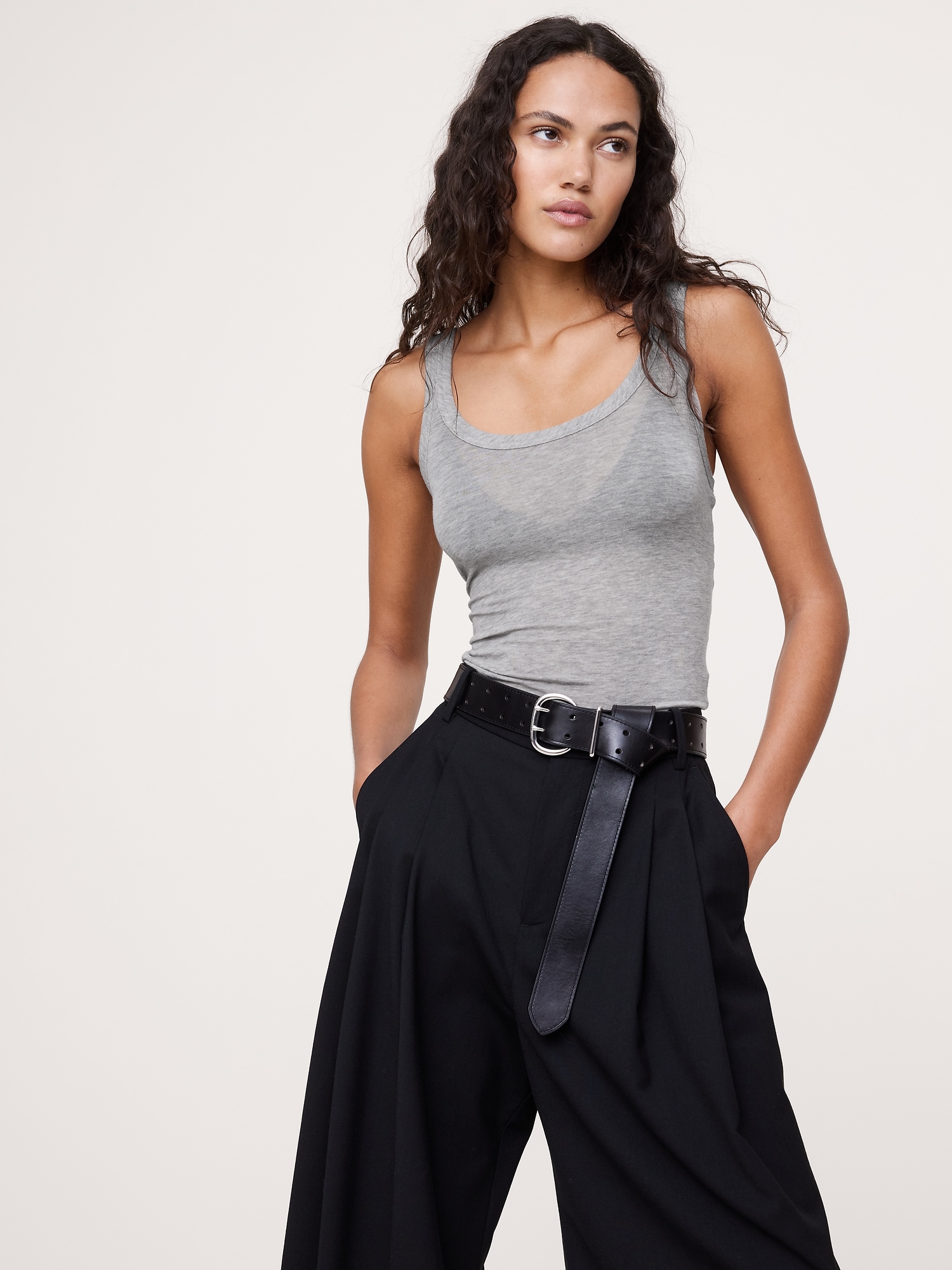 Sheer Lyocell-Wool Scoop-Neck Tank - Light Heather Gray