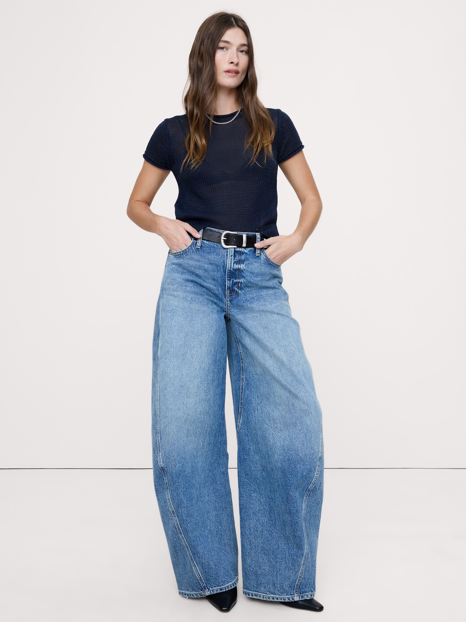 Fitted Linen Short-Sleeve Sweater - Navy Blue