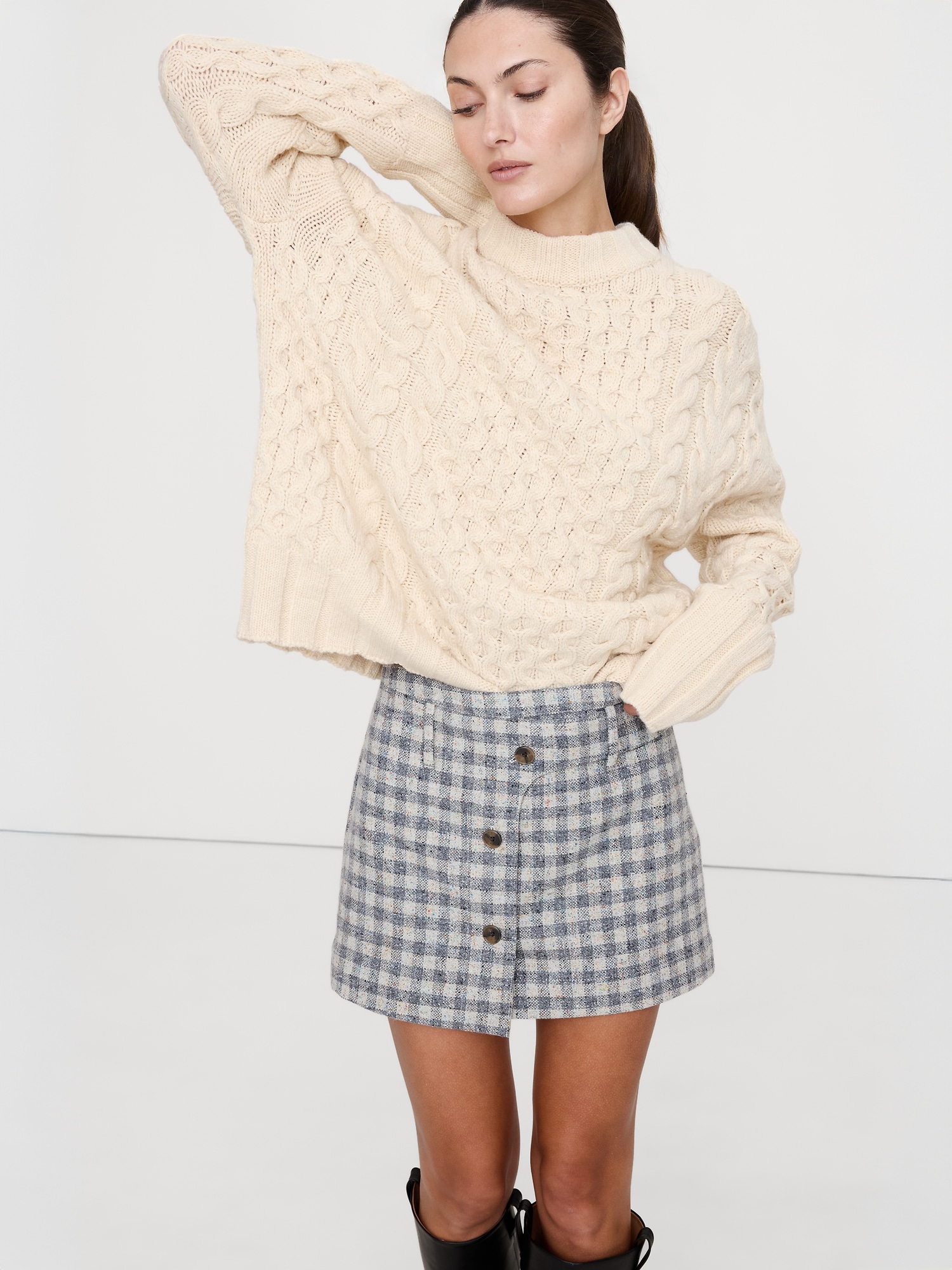 Italian Tweed Wrap Mini Skirt - Gray Gingham