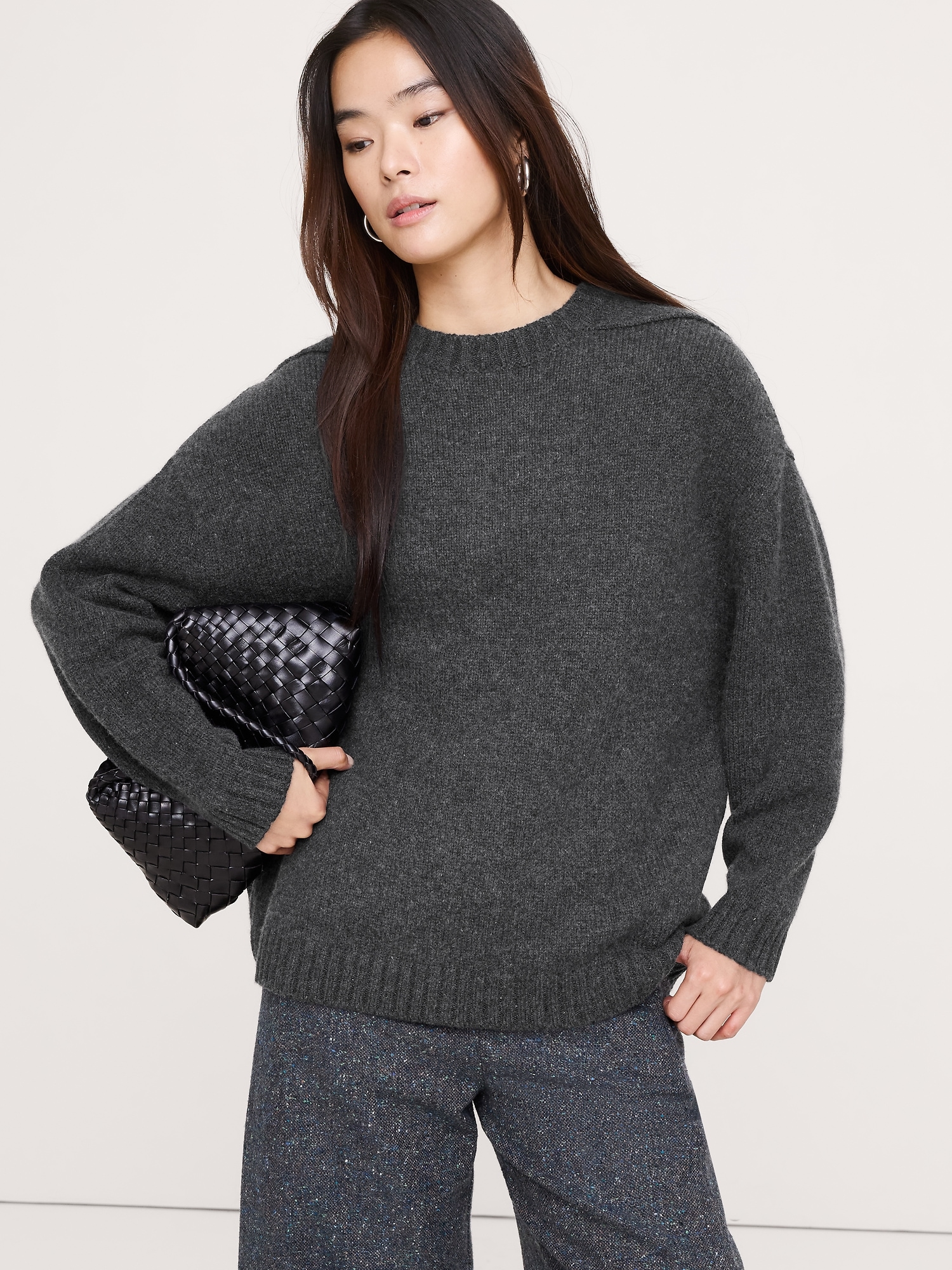 Oversized Merino-Cotton Crew-Neck Sweater - Charcoal Gray