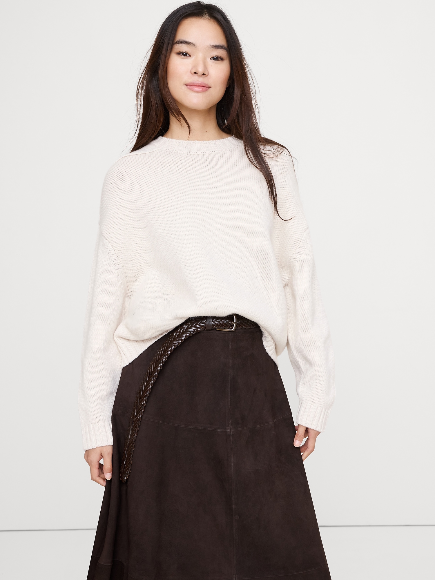 Oversized Merino-Cotton Crew-Neck Sweater - Cream White