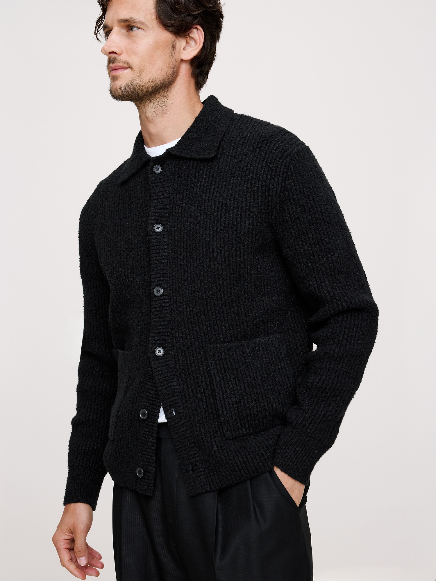 Мужской кардиган Banana Republic Bouclé Ribbed Polo Cardigan, цвет: Чёрный — фото 3
