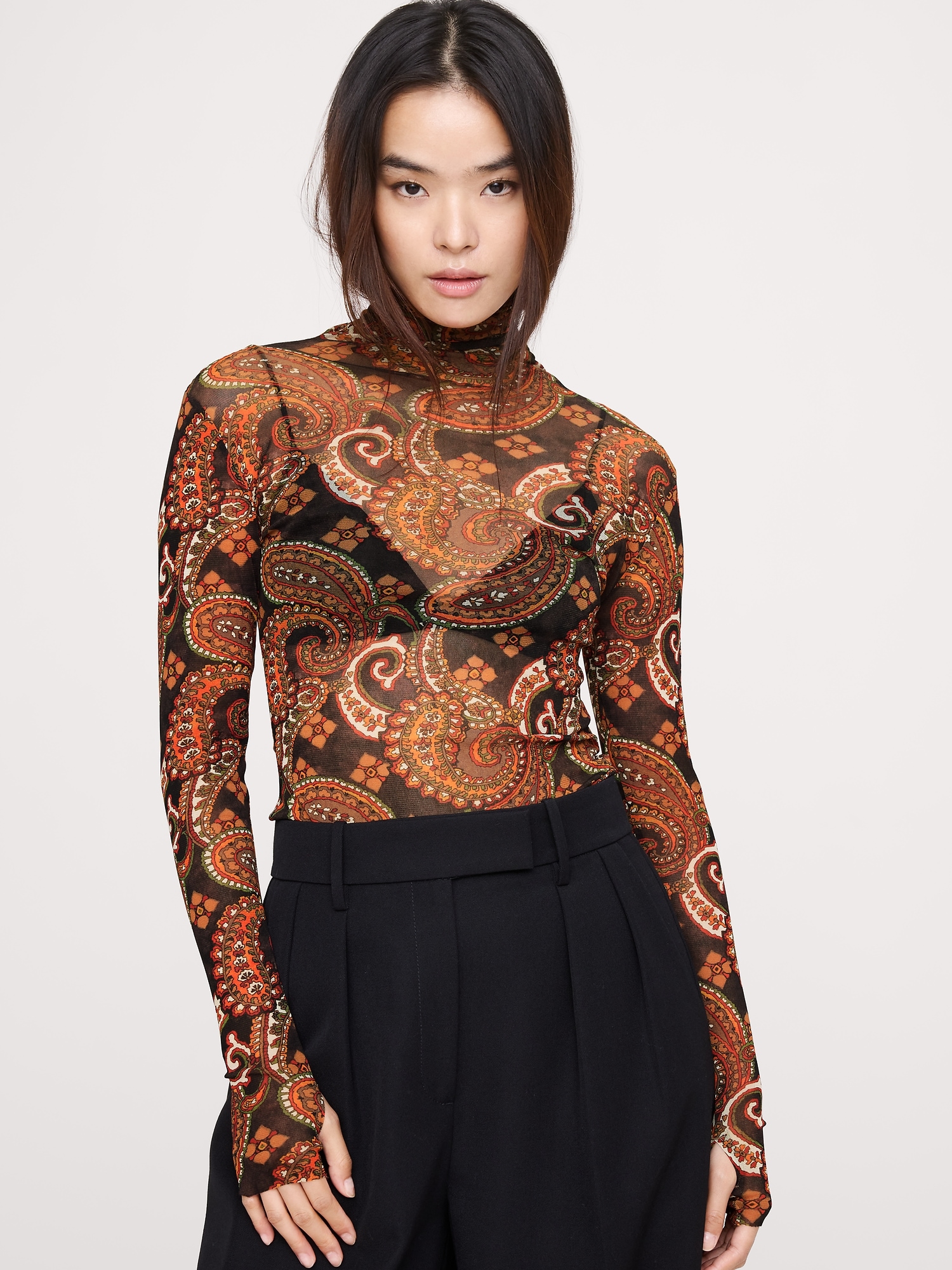 Mesh Turtleneck Top - Spice Paisley