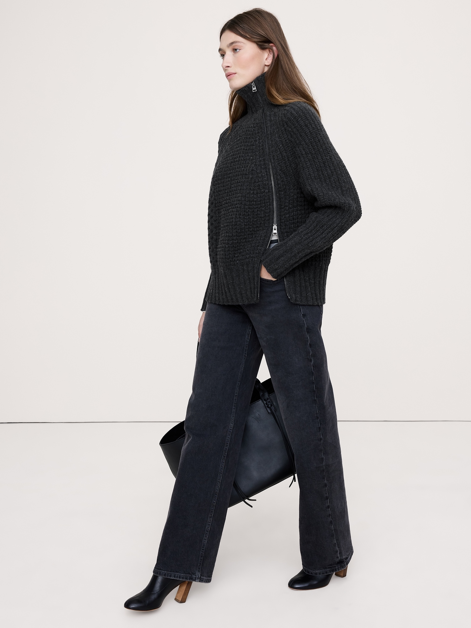 Image number 4 showing, Merino-Cotton Asymmetrical Zip Sweater