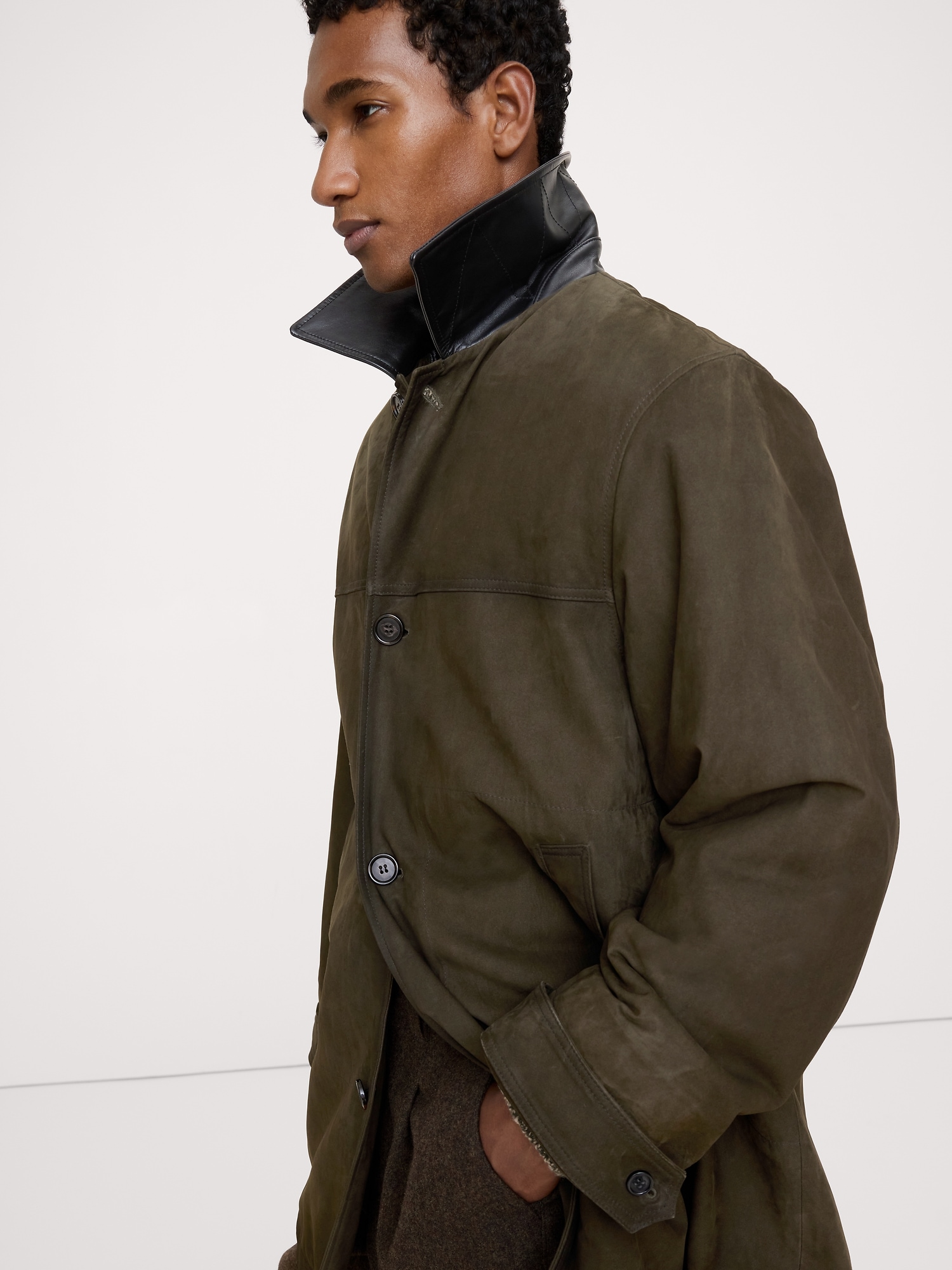 Nubuck Leather Car Coat - Olive Green