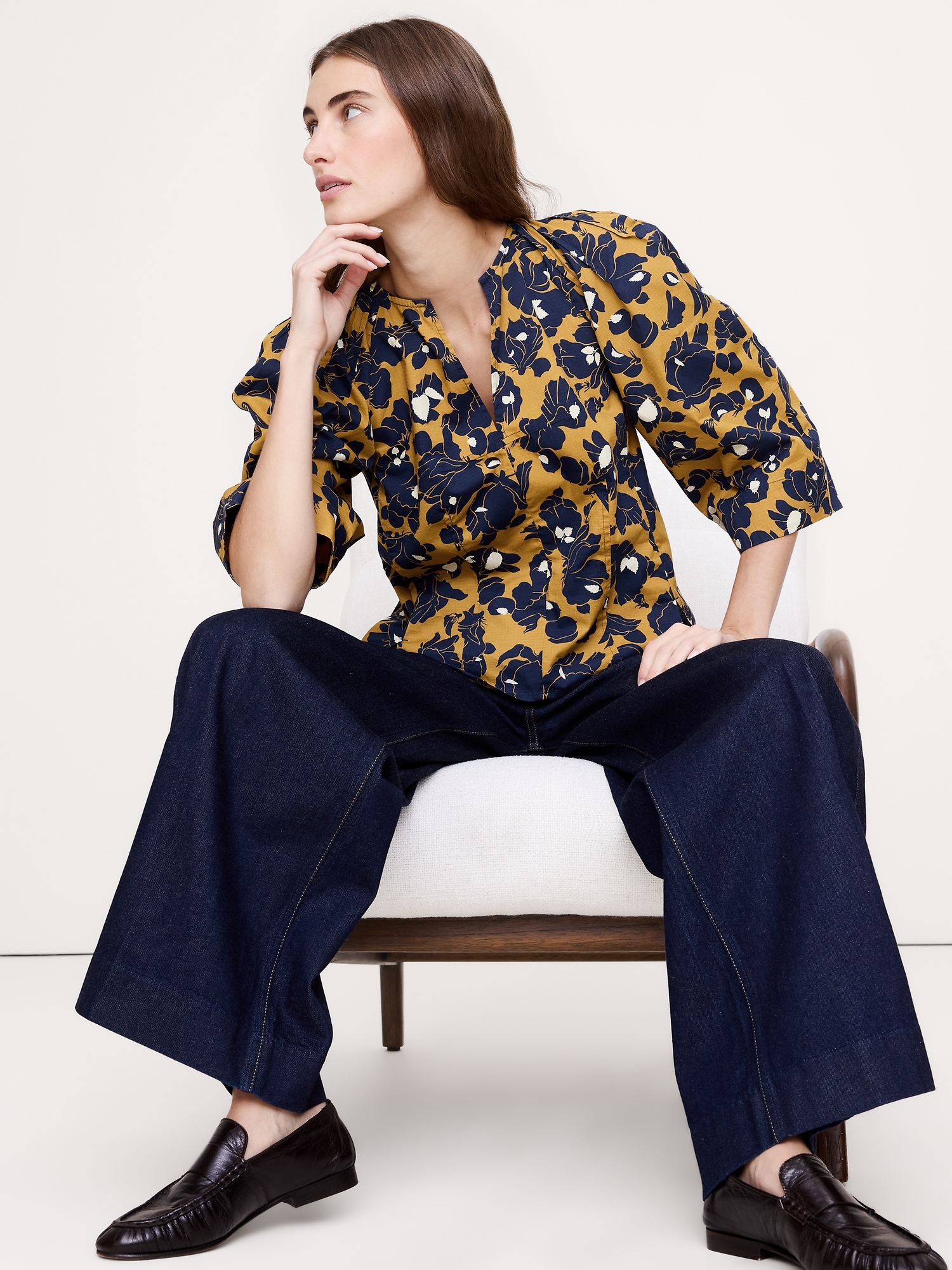 Stretch-Cotton Volume-Sleeve Top - Navy Blue Floral