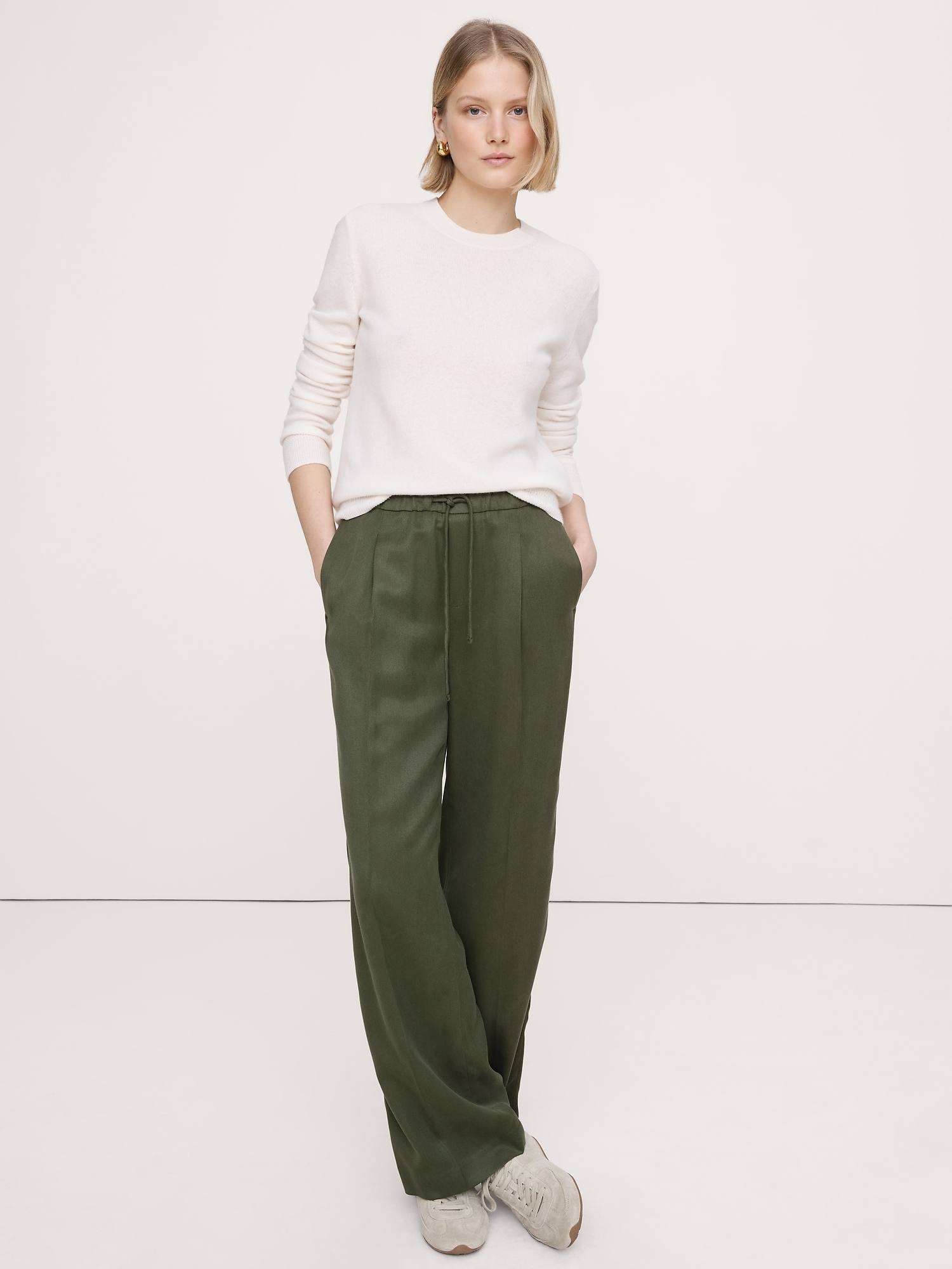 Mid-Rise Wide-Leg Drapey TENCEL™ Pull-On Pant - Spiced Olive Green