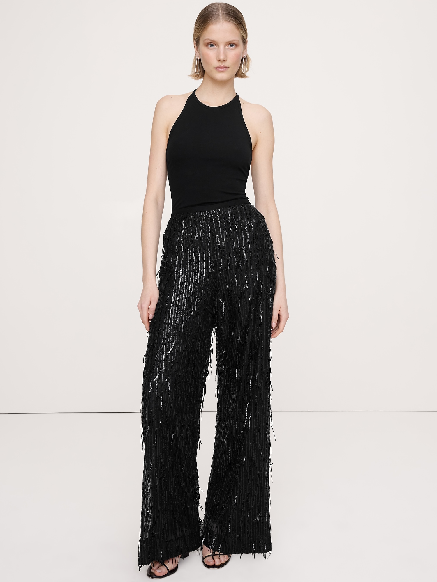 High-Rise Wide-Leg Fringe Sequin Pant