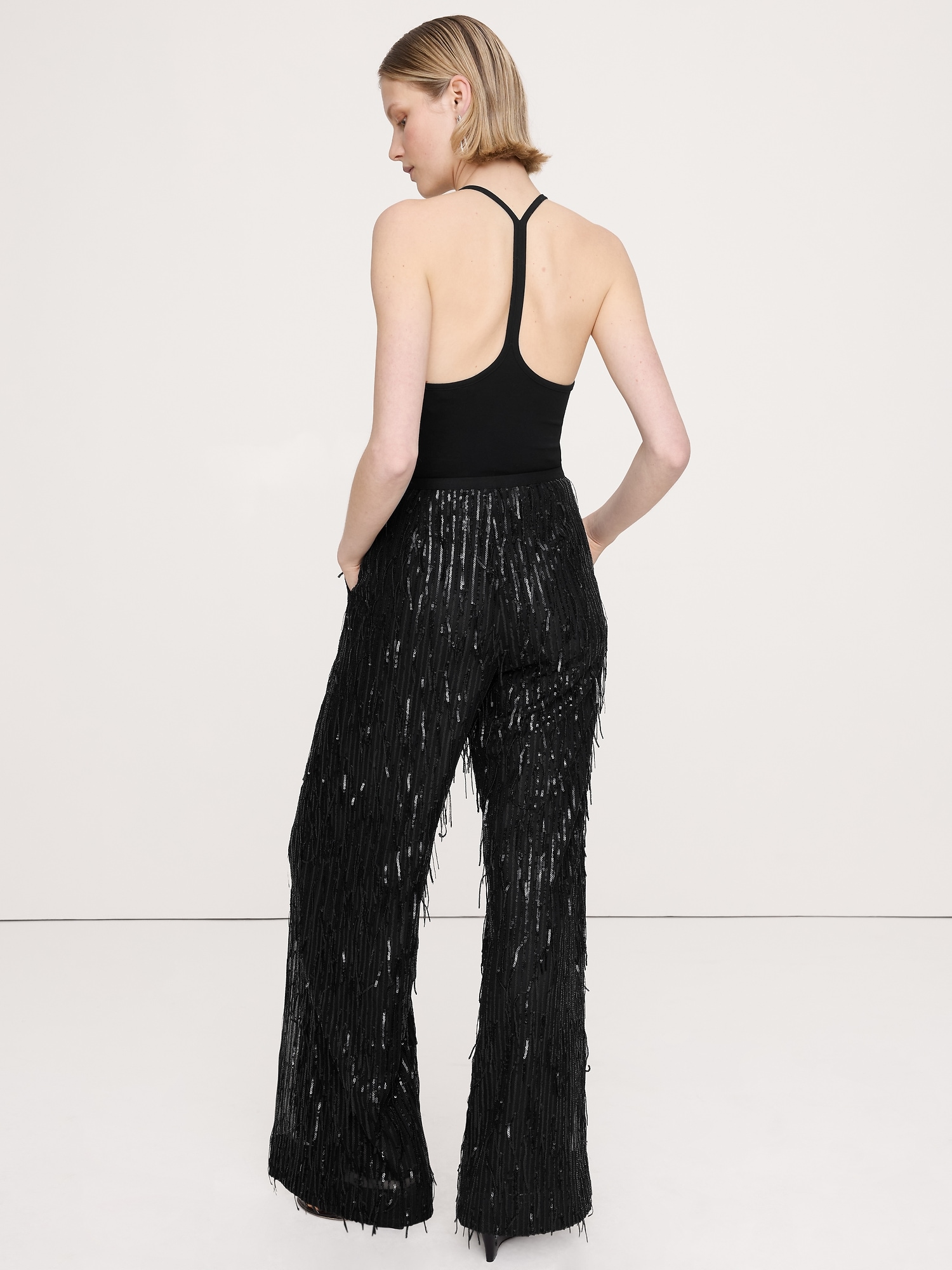 High-Rise Wide-Leg Fringe Sequin Pant