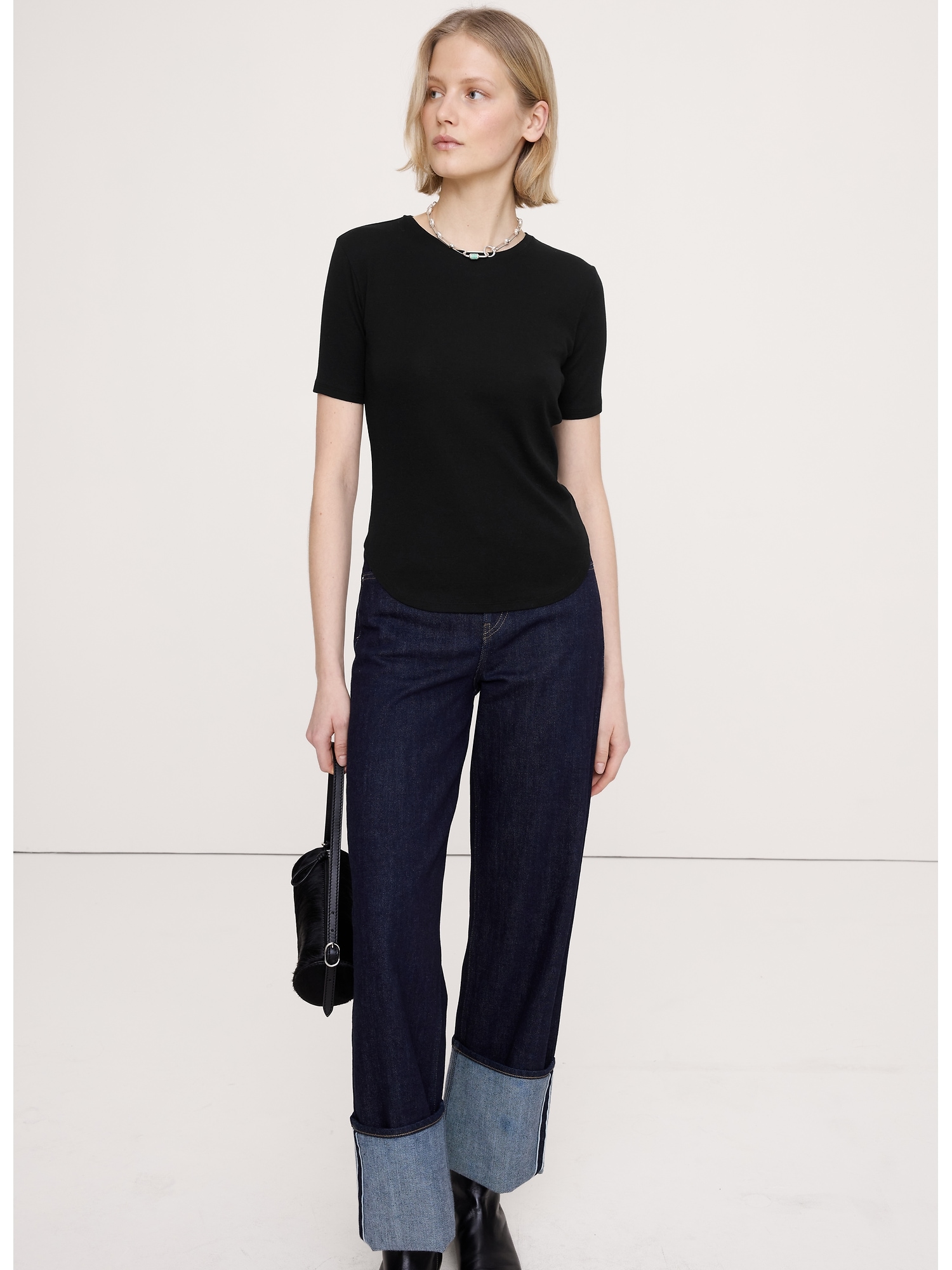 Baby Rib Cotton Elbow-Sleeve T-Shirt - Black