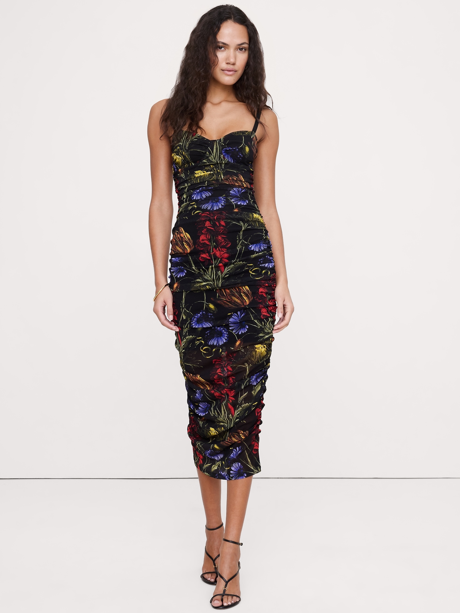 Ruched Mesh Corset Midi Dress - Multi Floral