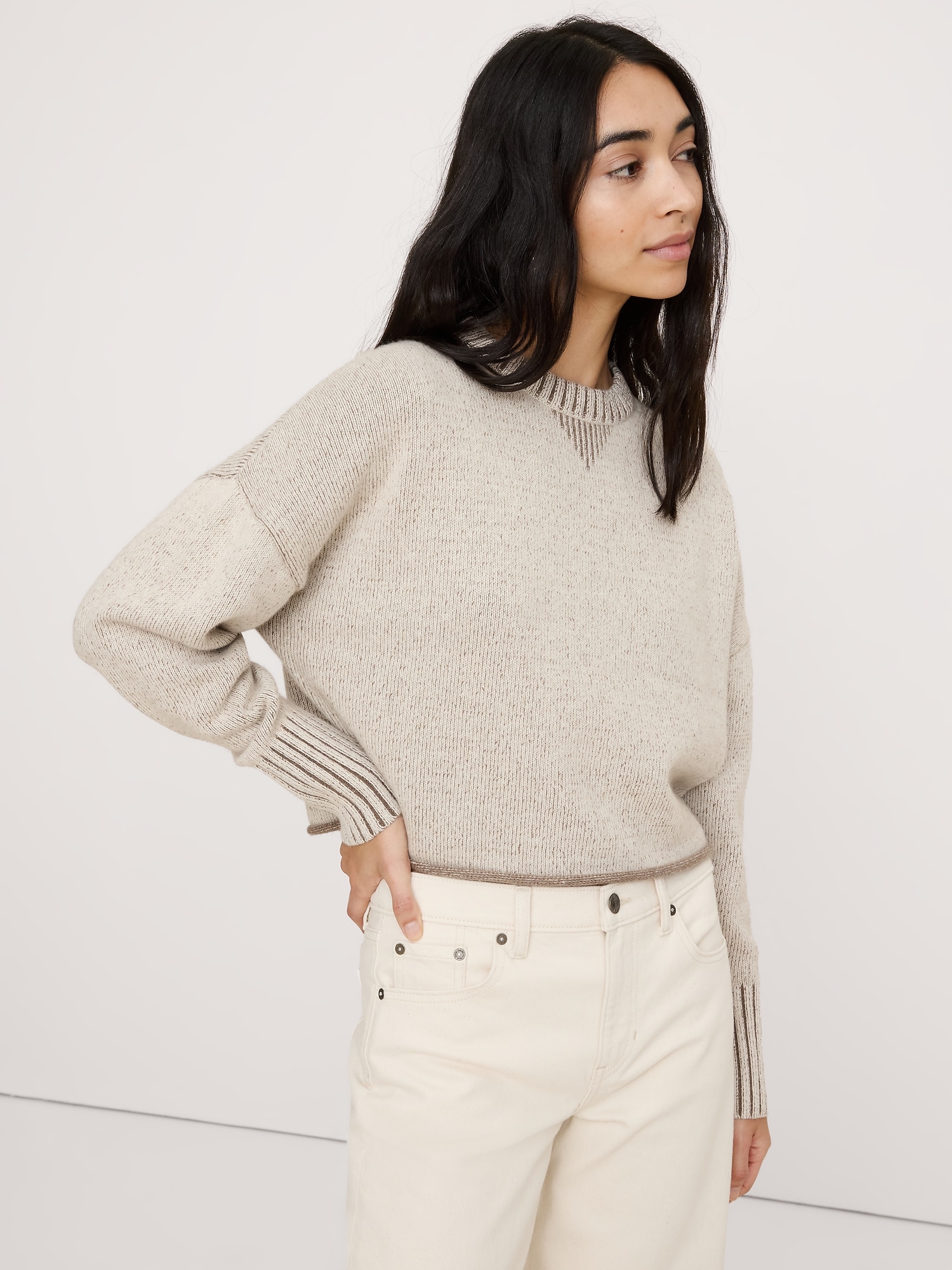 Image number 3 showing, Merino-Cotton Two-Tone Cropped Sweater