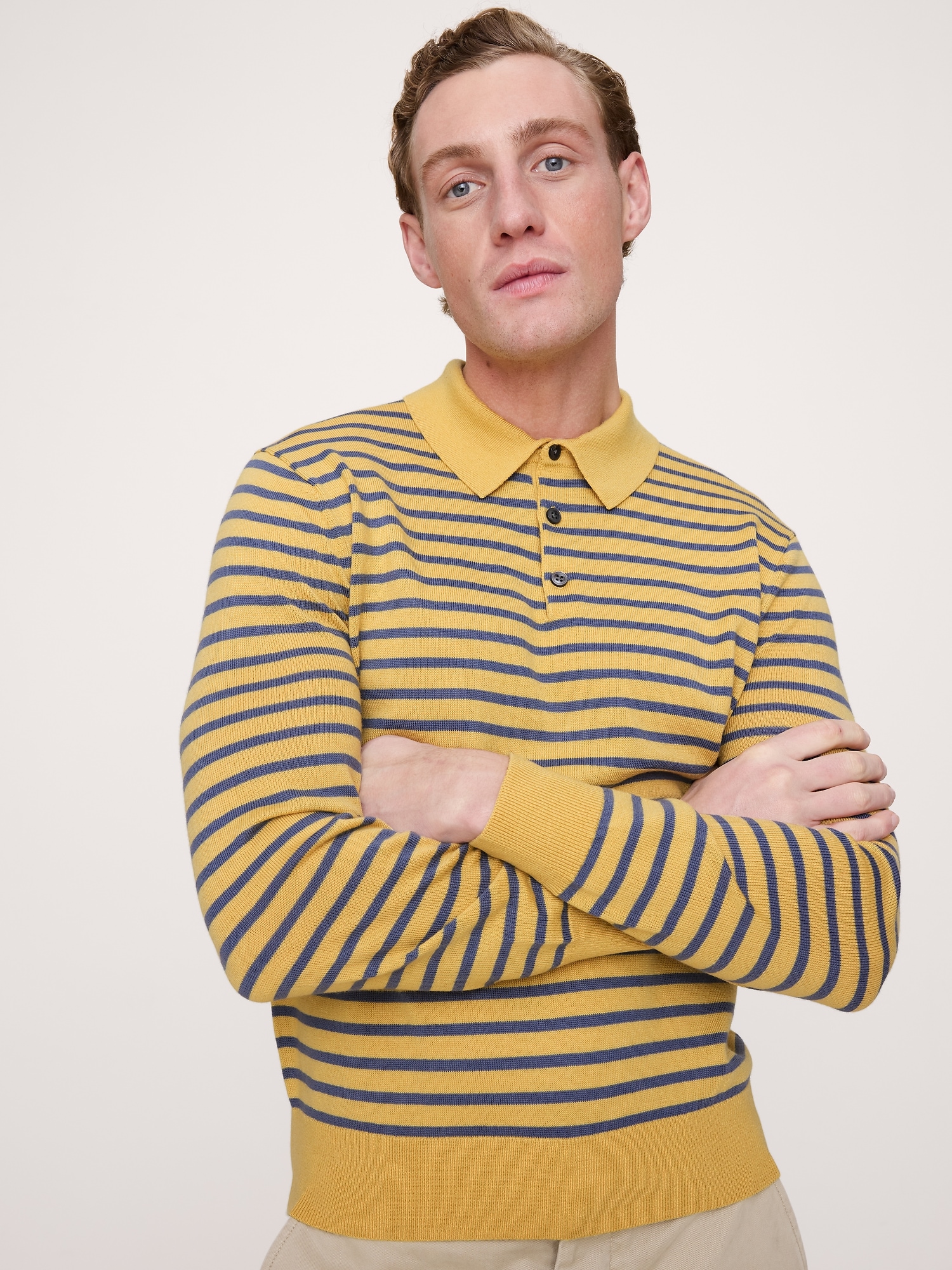 Merino Stripe Long-Sleeve Sweater Polo
