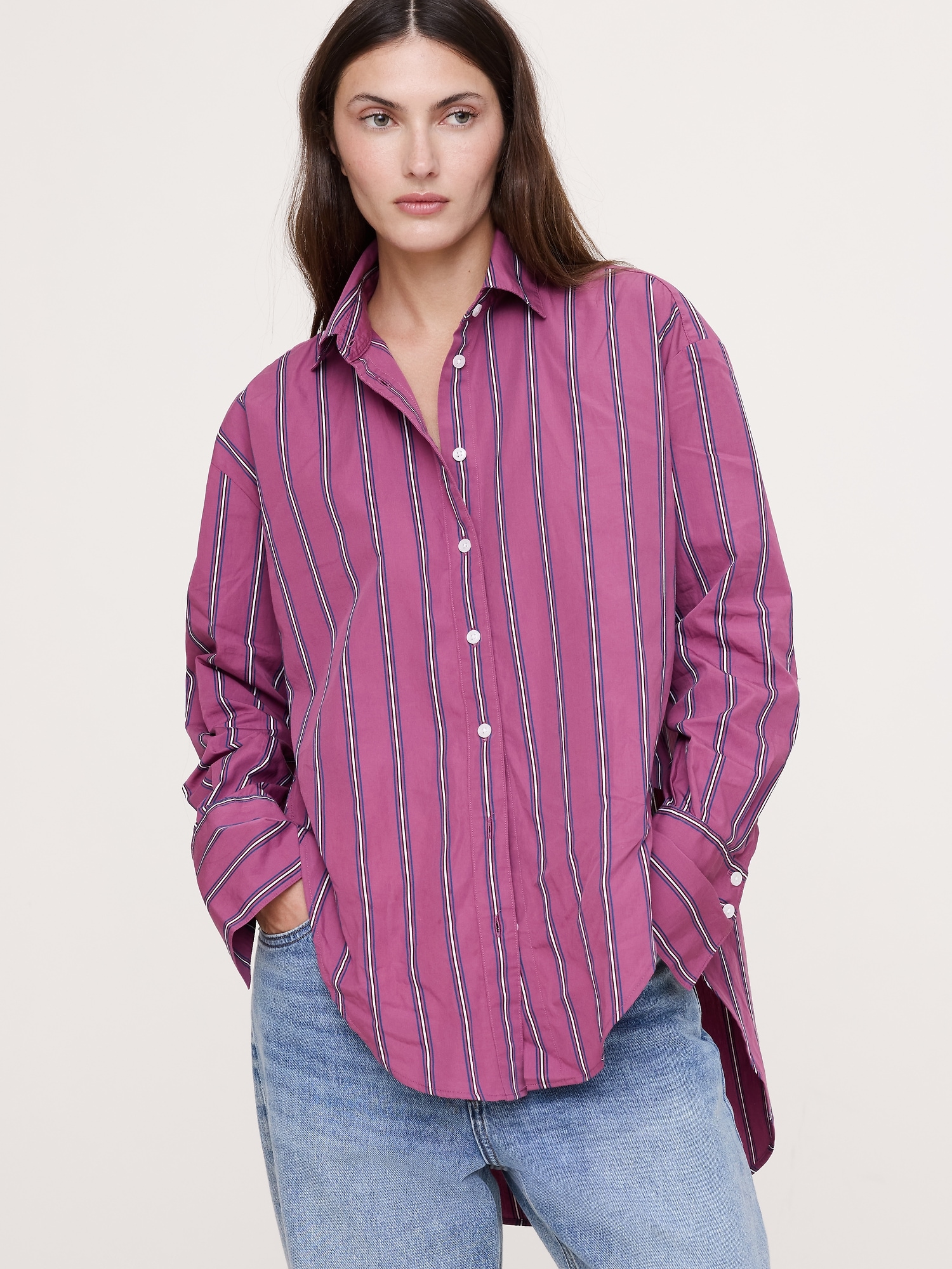 Cotton Poplin Curve-Hem Shirt