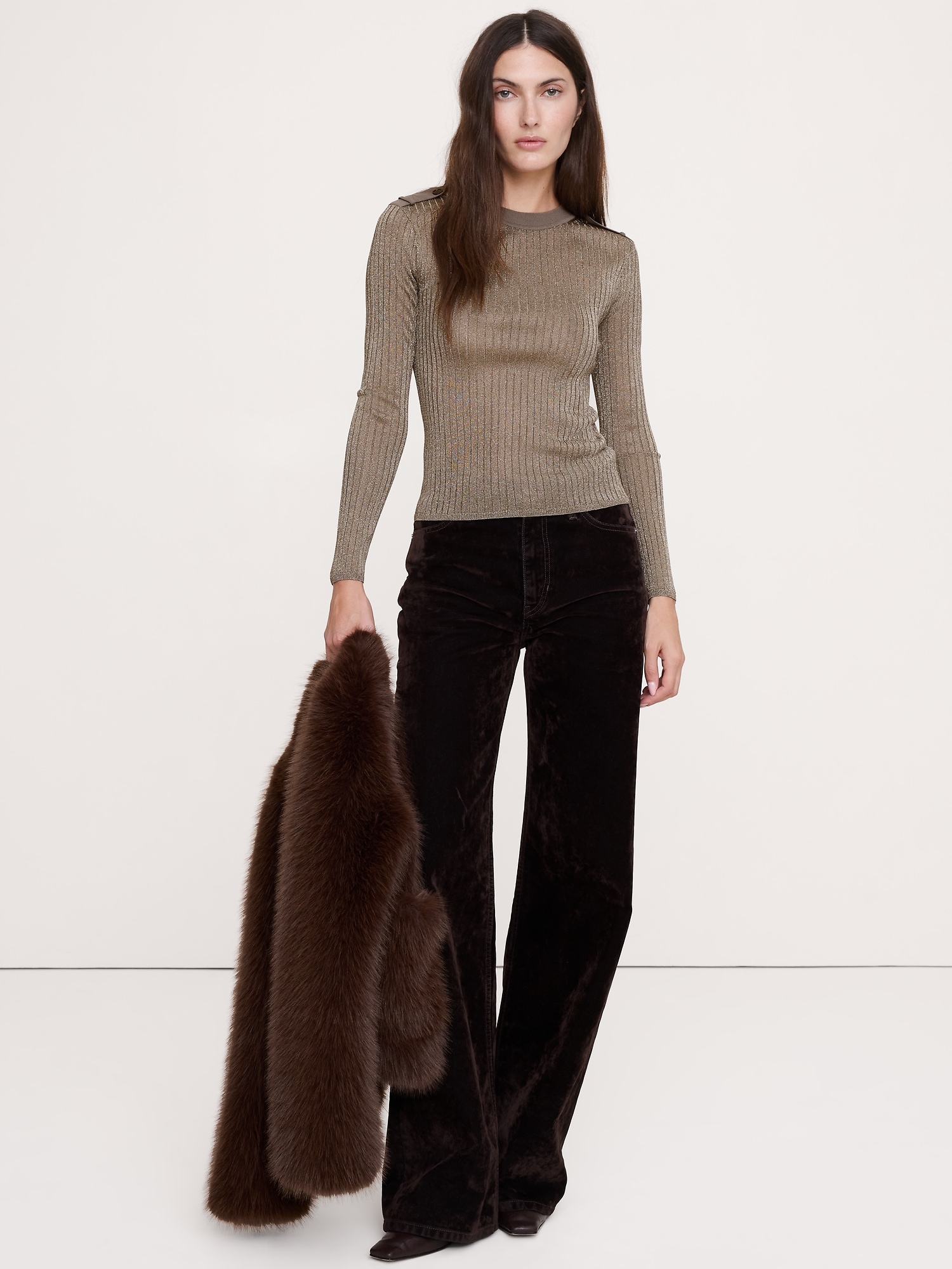 Metallic Shoulder-Epaulet Sweater - Mocha