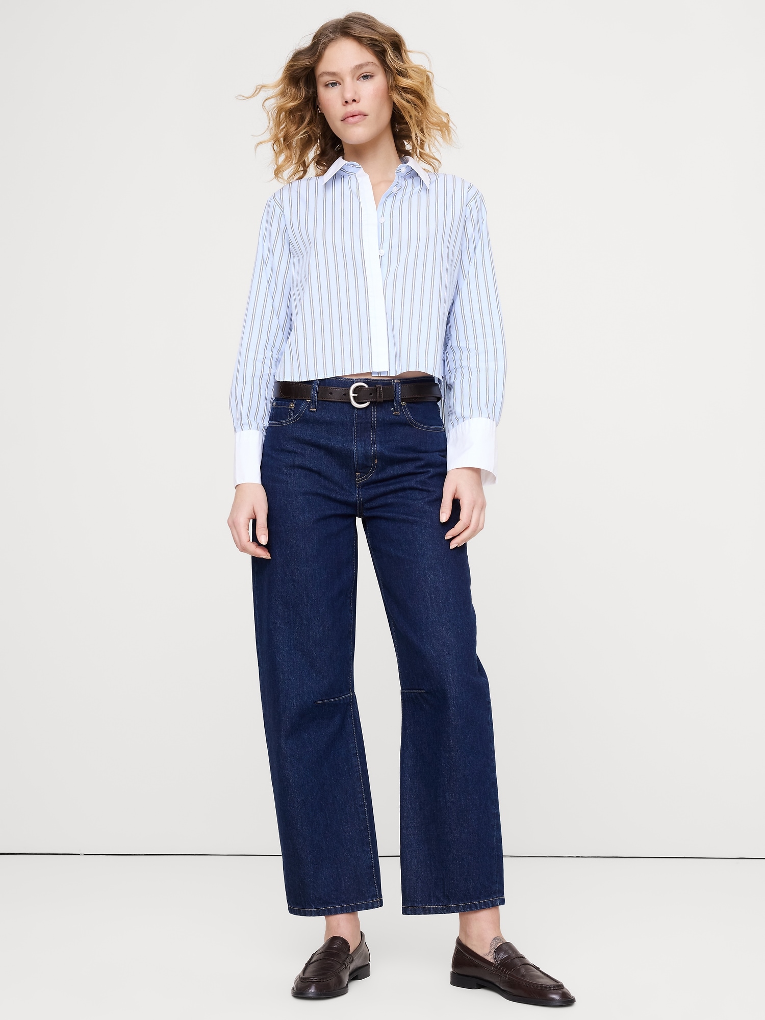 Cropped Cotton Polin Shirt with Elbow Patches