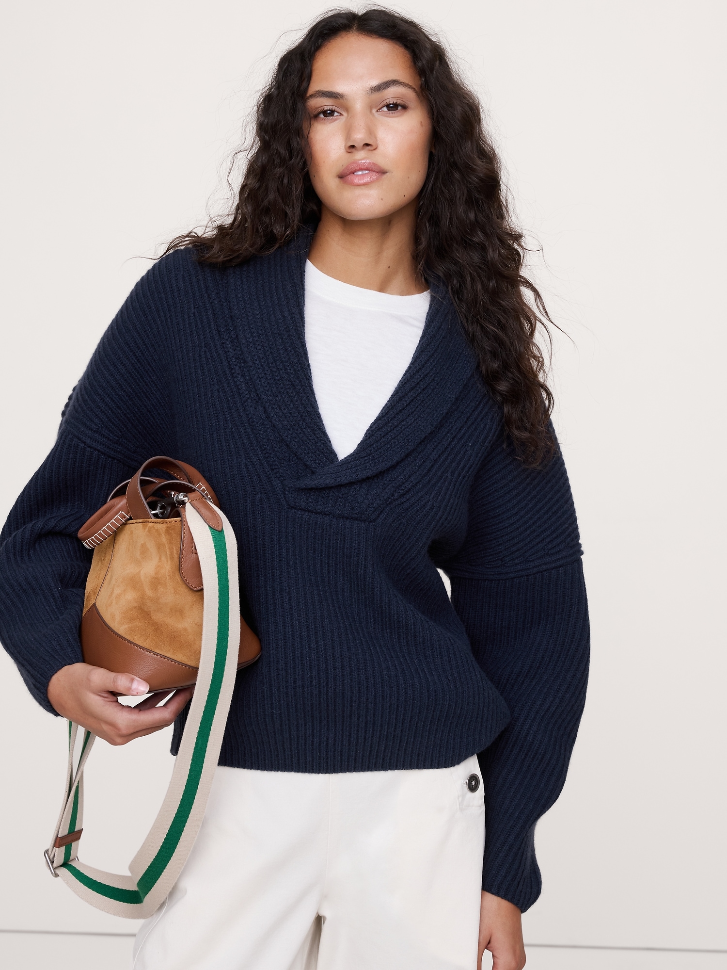 Merino-Cotton Shawl-Collar Sweater