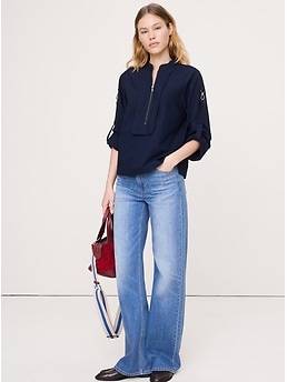 Cotton Poplin Zip Popover Top | Banana Republic