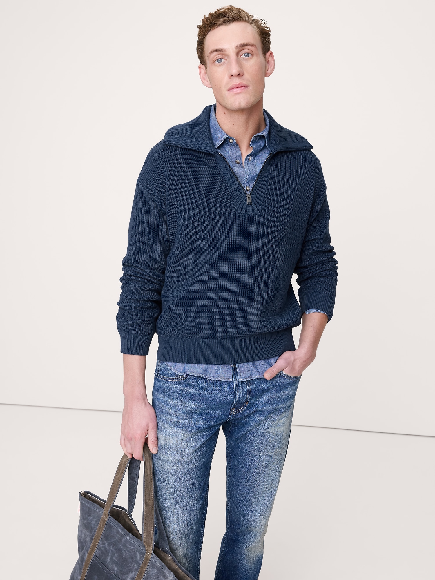 Cotton Ribbed Zip Sweater Polo