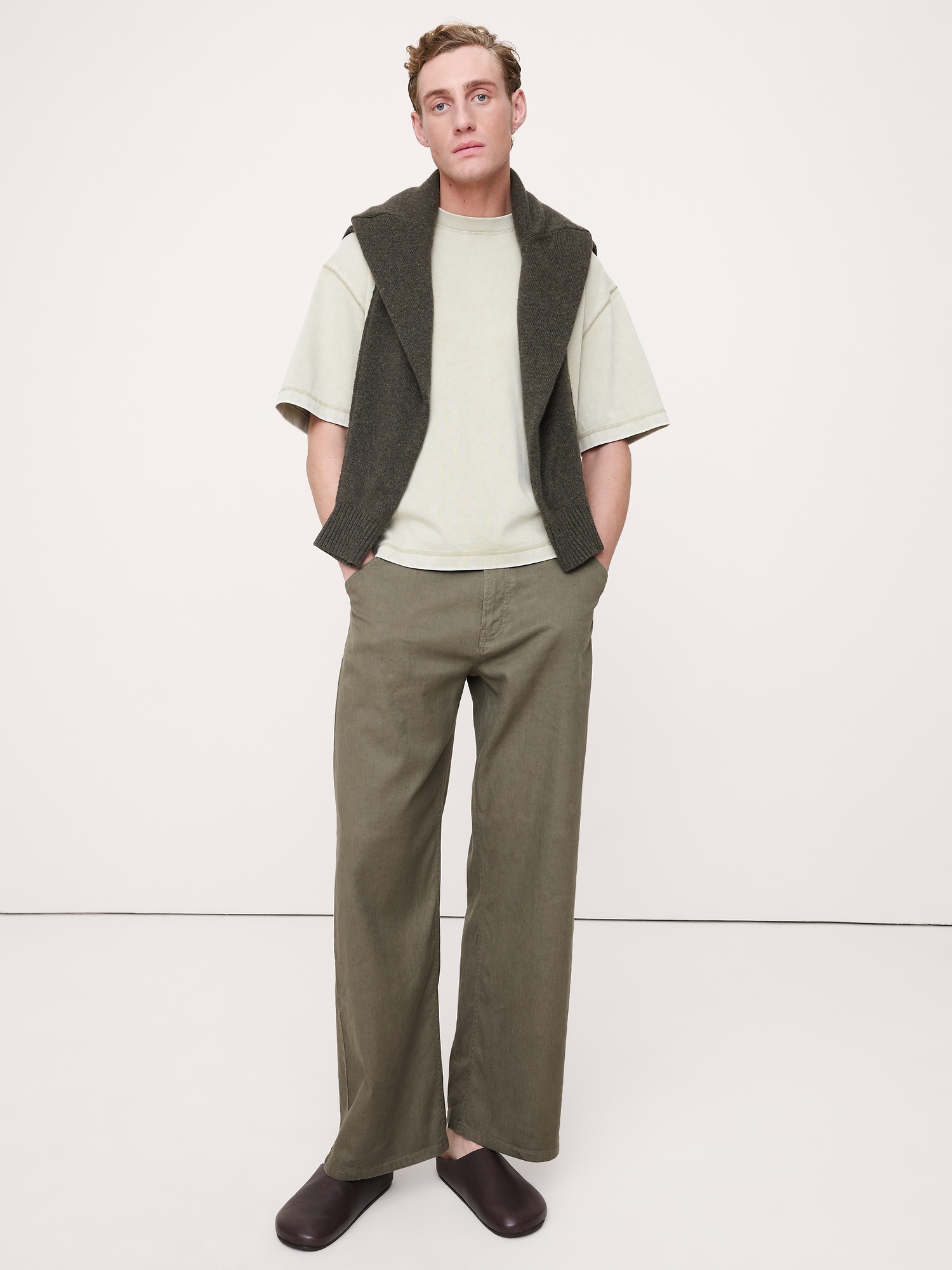 Loose Italian Linen-Cotton Pull-On Pant