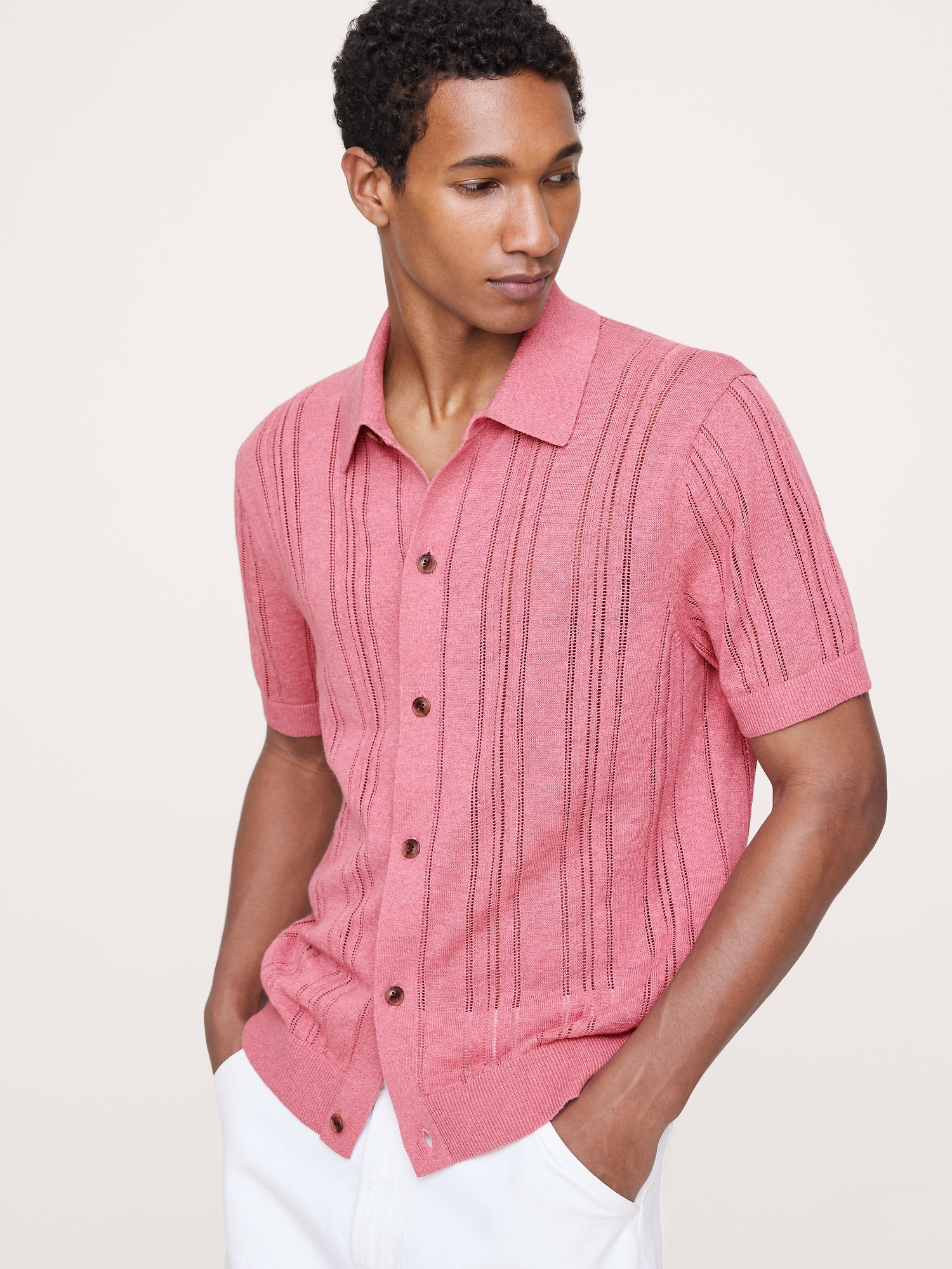 Pointelle Linen-Cotton Polo Cardigan