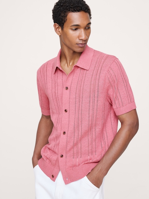 Linen-Cotton Textured Polo Cardigan