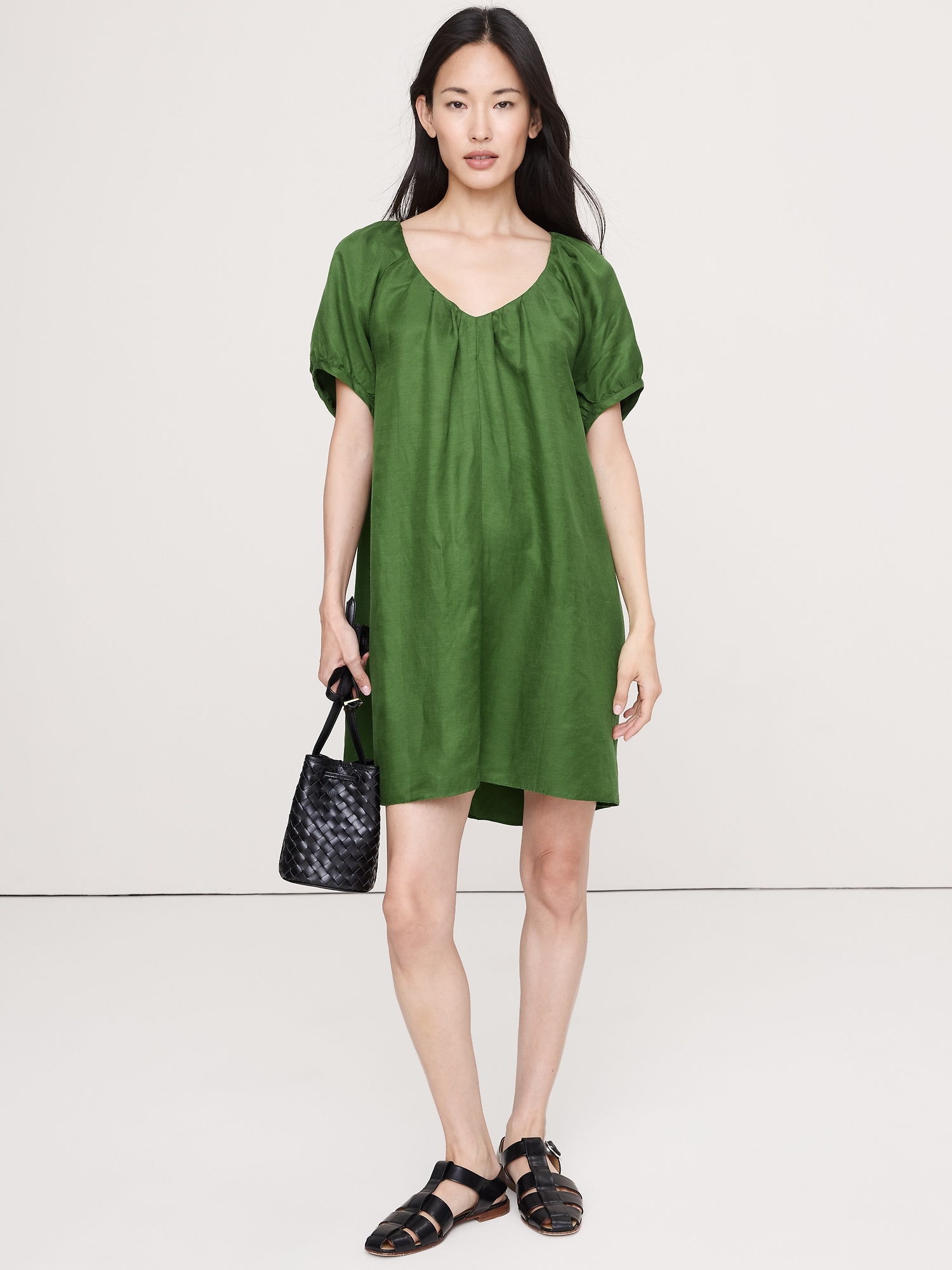 Viscose-Linen Puff-Sleeve Mini Dress