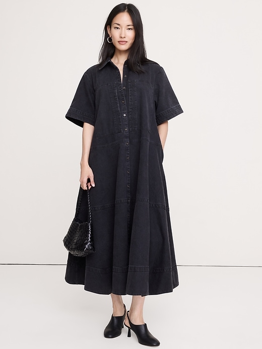 Image number 1 showing, Denim Trapeze Maxi Shirt Dress