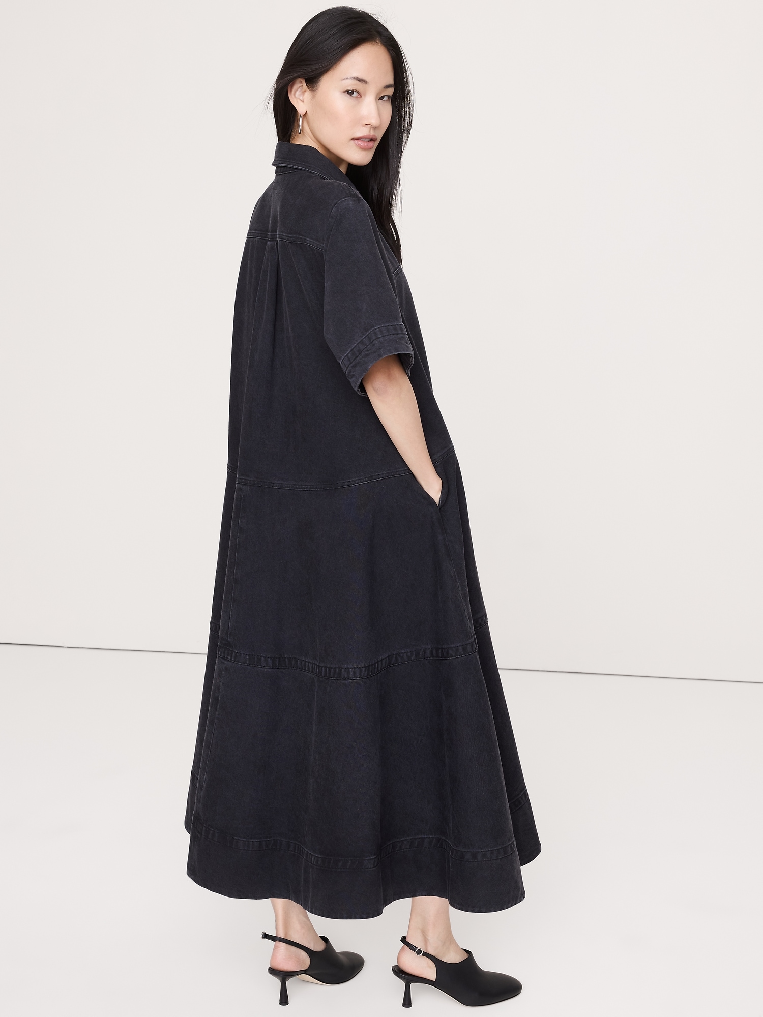 Image number 3 showing, Denim Trapeze Maxi Shirt Dress