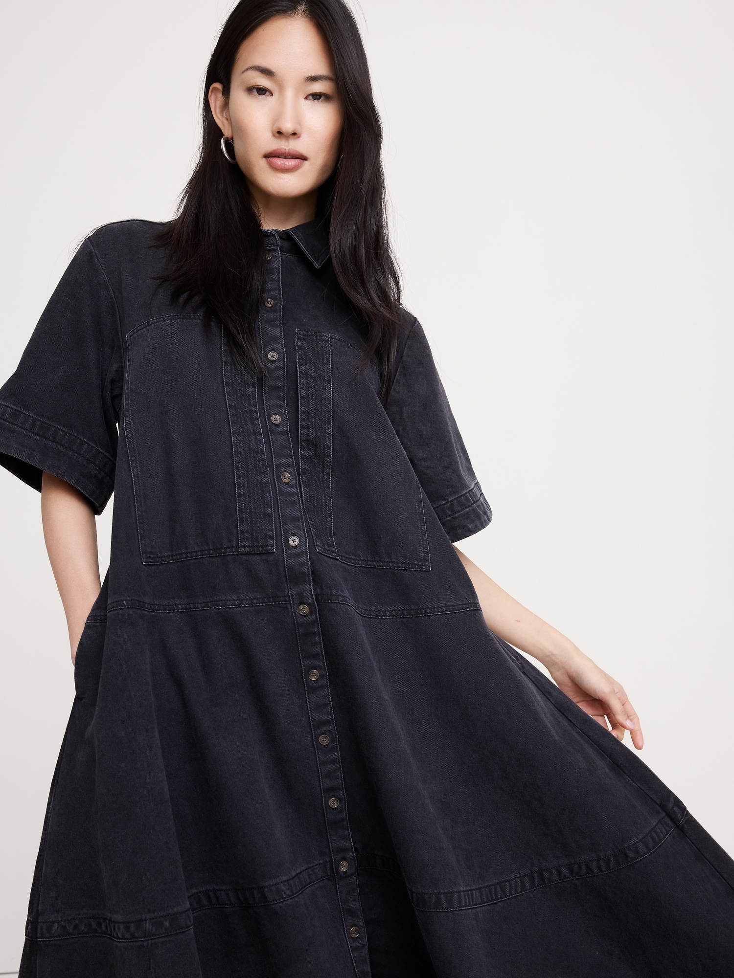 Image number 4 showing, Denim Trapeze Maxi Shirt Dress