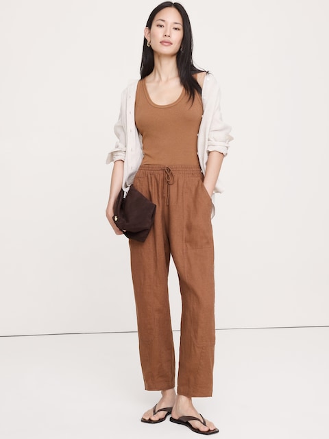 Barrel-Leg Linen Pull-On Pant