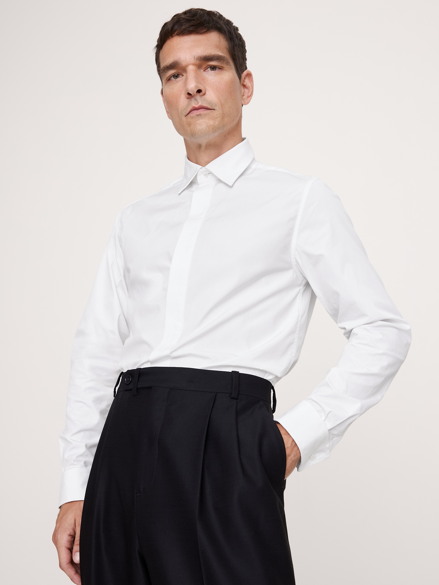 Slim-Fit Cotton Poplin Tuxedo Shirt with Spread Collar