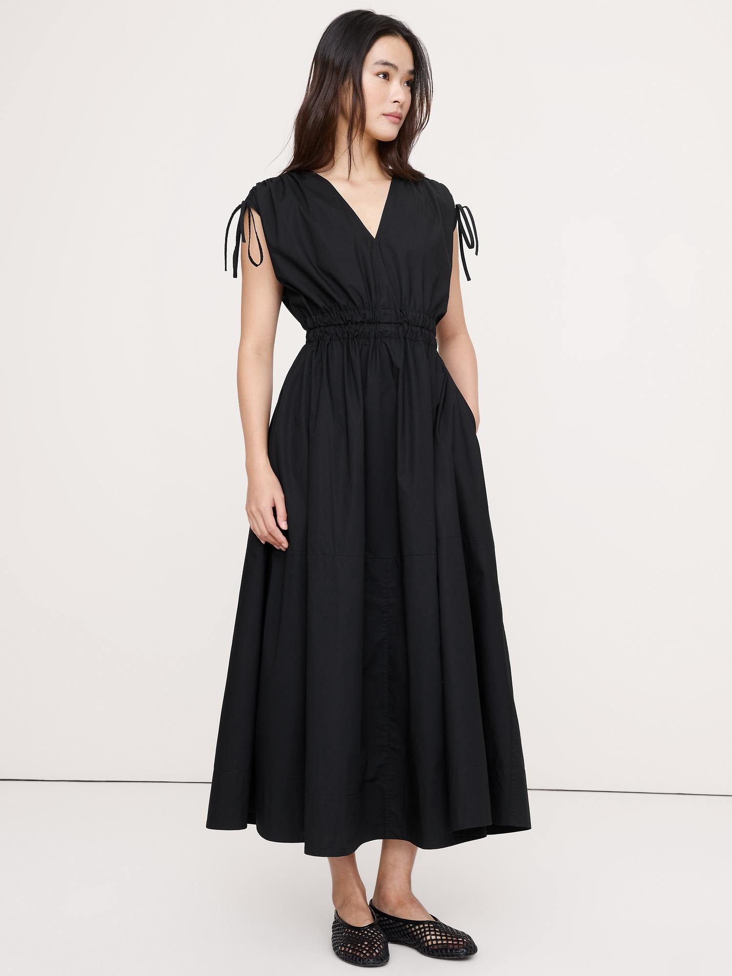 Poplin Ruched-Shoulder Maxi Dress