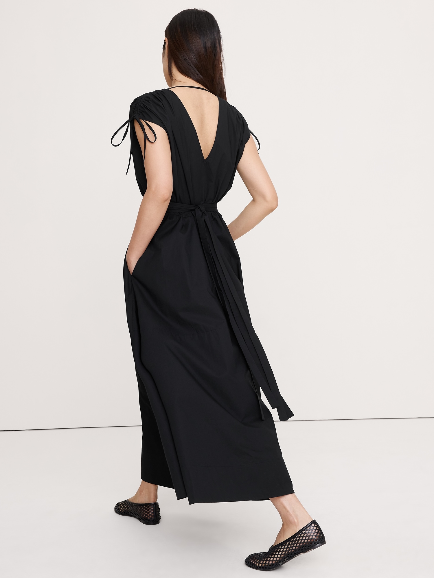 Image number 7 showing, Poplin Ruched-Shoulder Maxi Dress