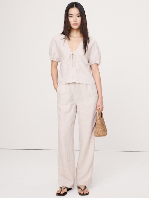 Linen Tie-Front V-Neck Top